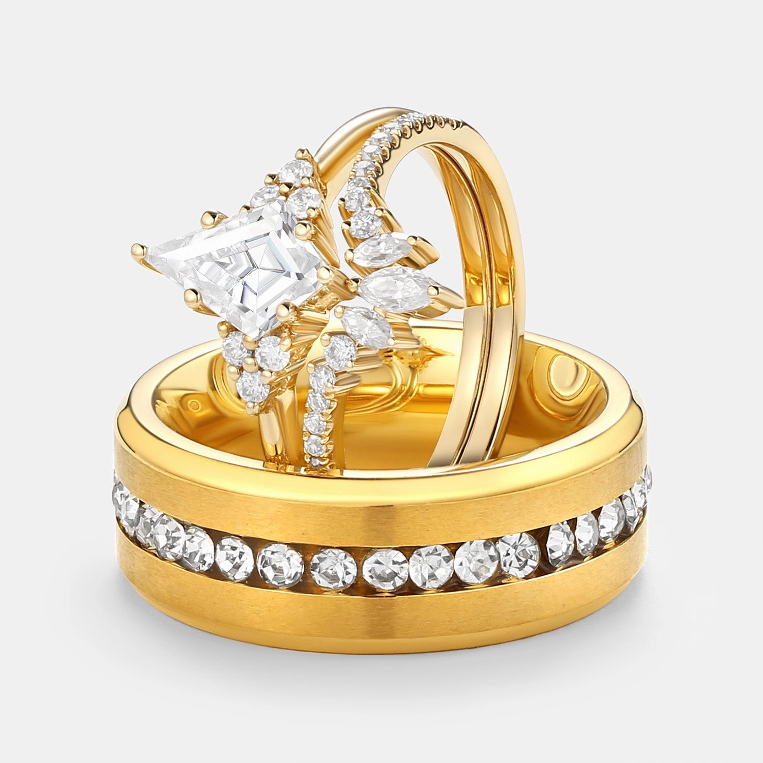 Beautiful Article Unique Kite Cut Moissanite Vintage Couple Ring Set 3pcs - Lydia