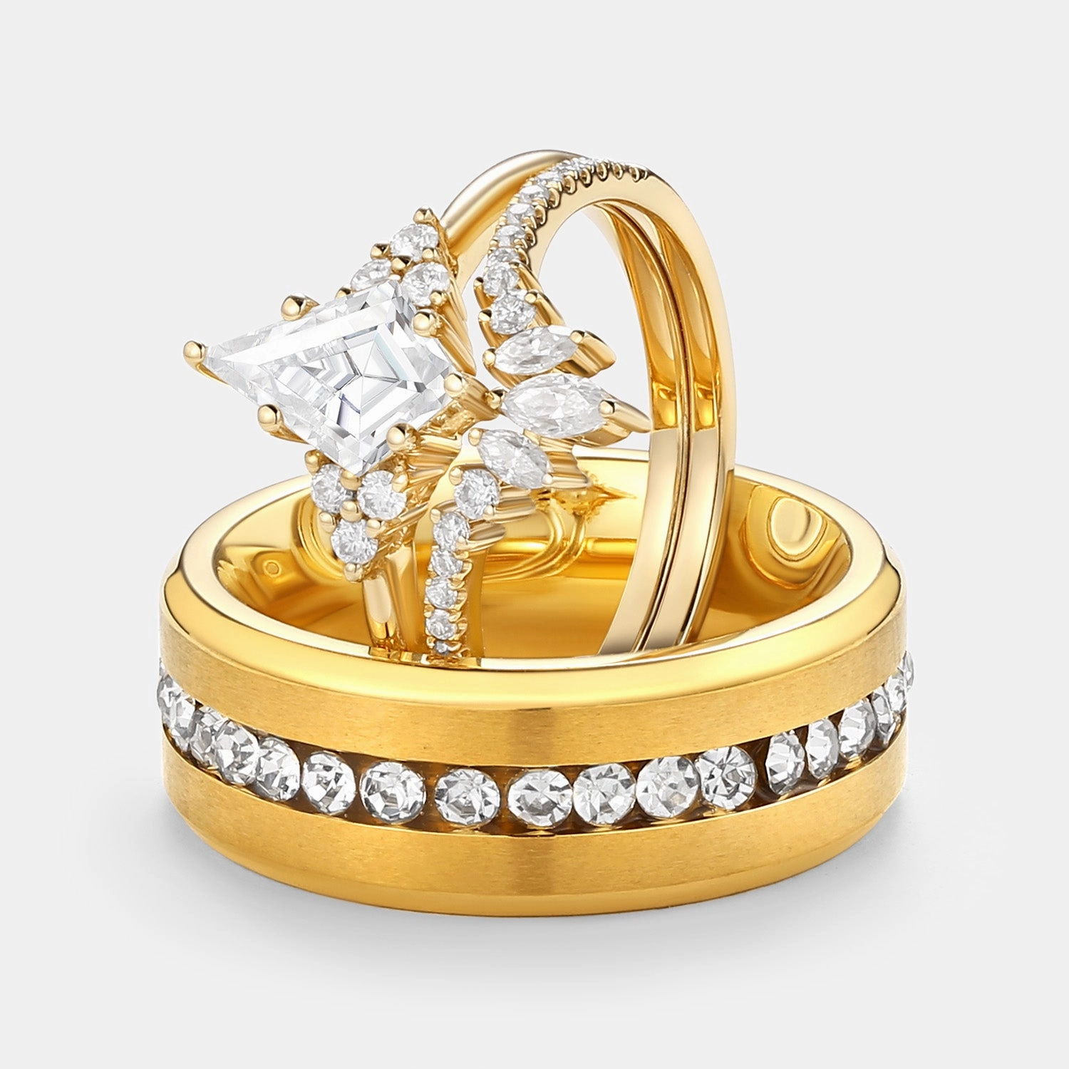 Traditional Art Unique Kite Cut Moissanite Vintage Couple Ring Set 3pcs - Lydia