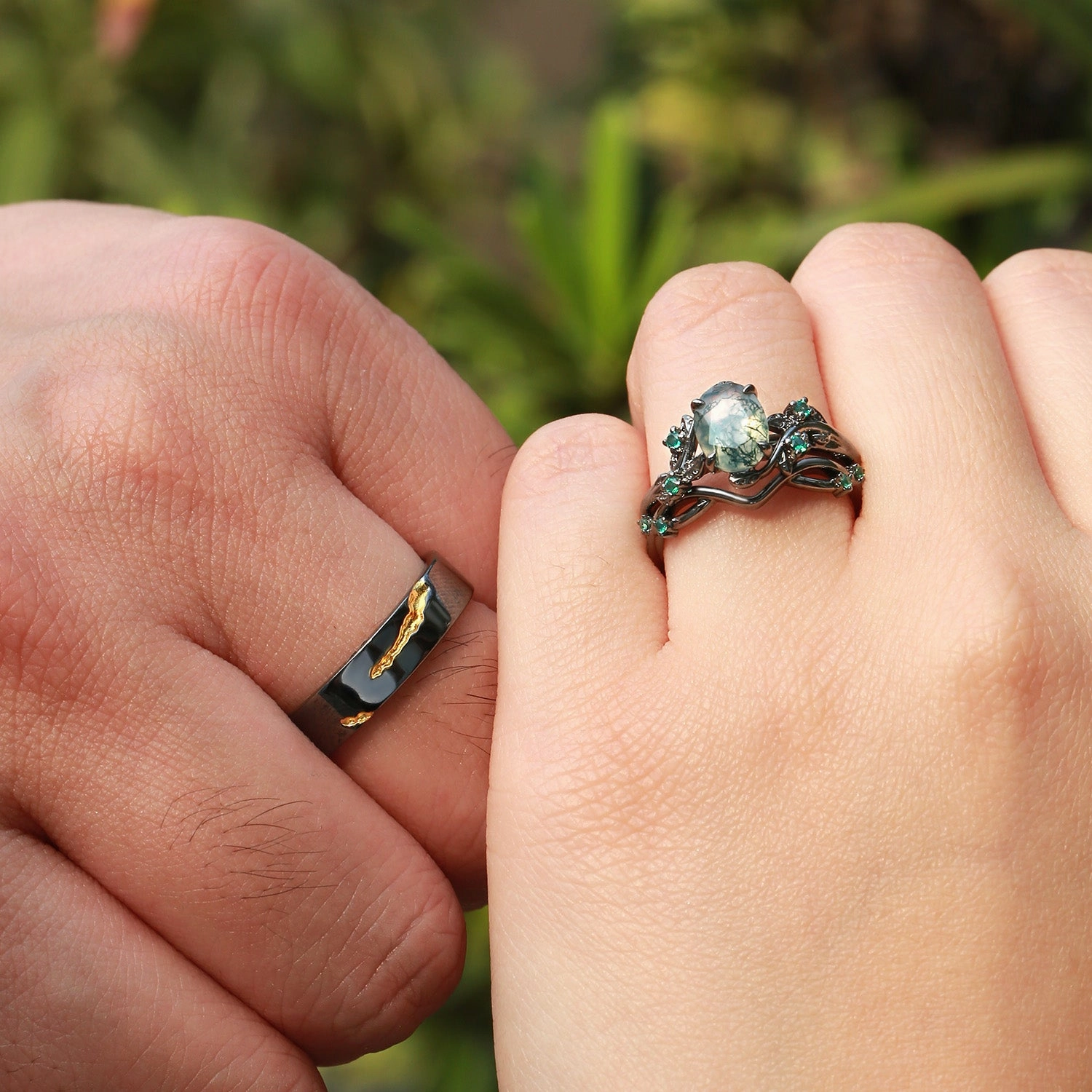 Nature Inspired - Black Gold Moss Agate Leafy Couple Ring Set 3pcs - Mossy Tangible Goods