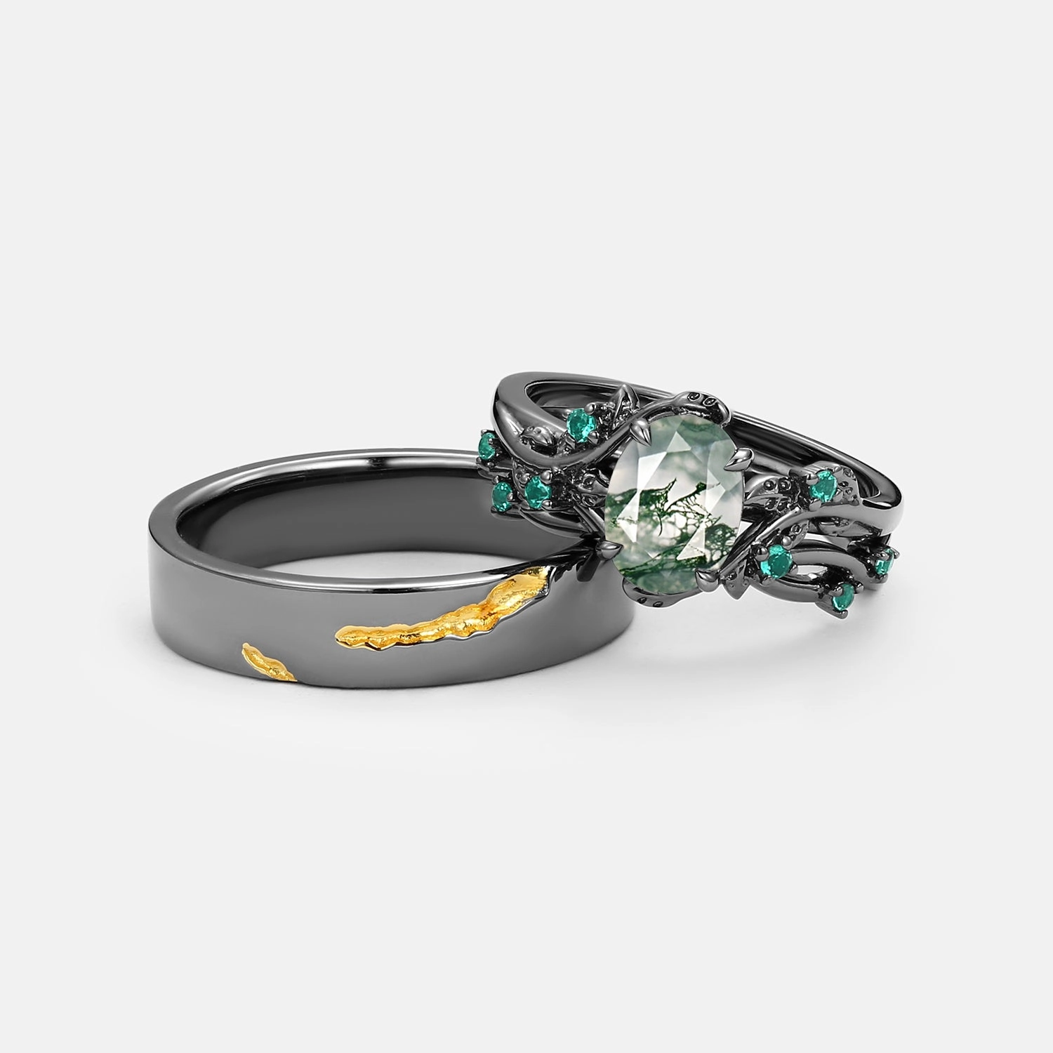 Cool Texture Sophisticated Appeal Nature Inspired - Black Gold Moss Agate Leafy Couple Ring Set 3pcs - Mossy