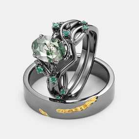 Daily Contour Nature Inspired - Black Gold Moss Agate Leafy Couple Ring Set 3pcs - Mossy