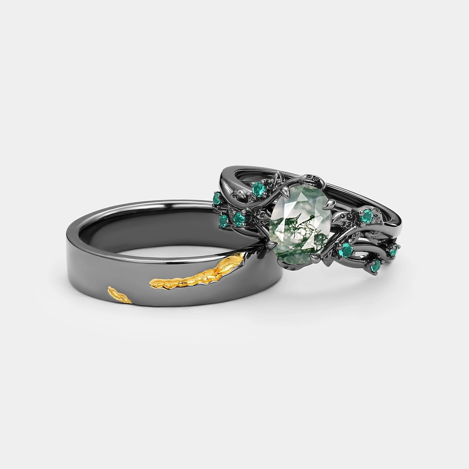 Luxurious Accent Nature Inspired - Black Gold Moss Agate Leafy Couple Ring Set 3pcs - Mossy