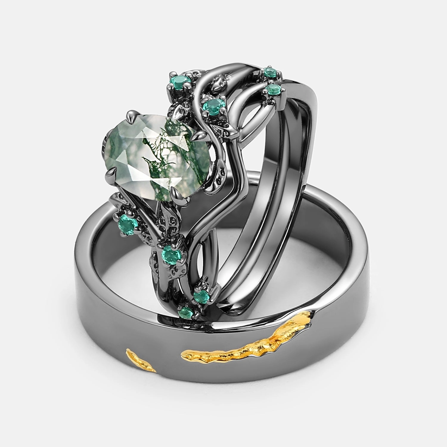 Luxury Flow Simple Creation Nature Inspired - Black Gold Moss Agate Leafy Couple Ring Set 3pcs - Mossy