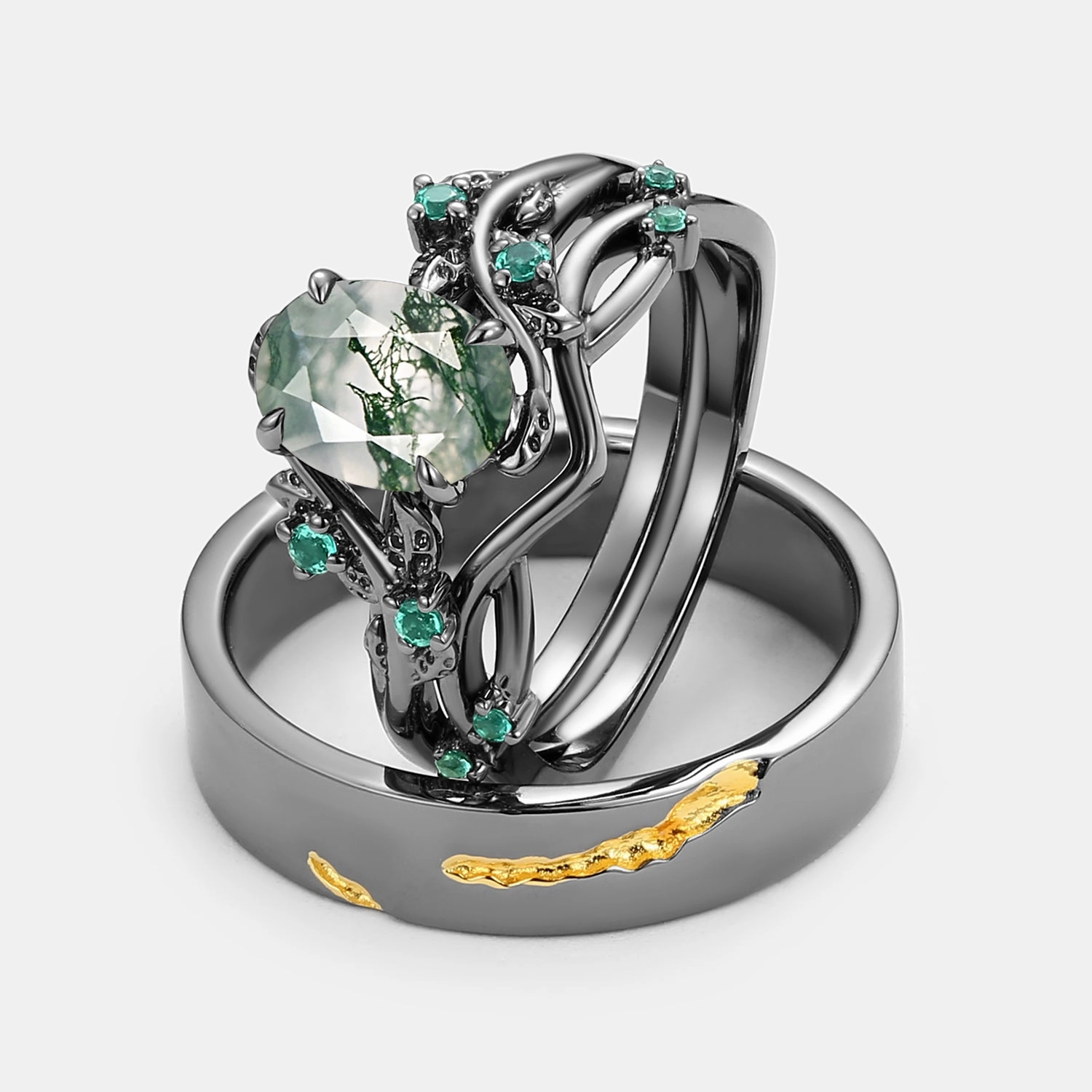 Formal Outfit Nature Inspired - Black Gold Moss Agate Leafy Couple Ring Set 3pcs - Mossy