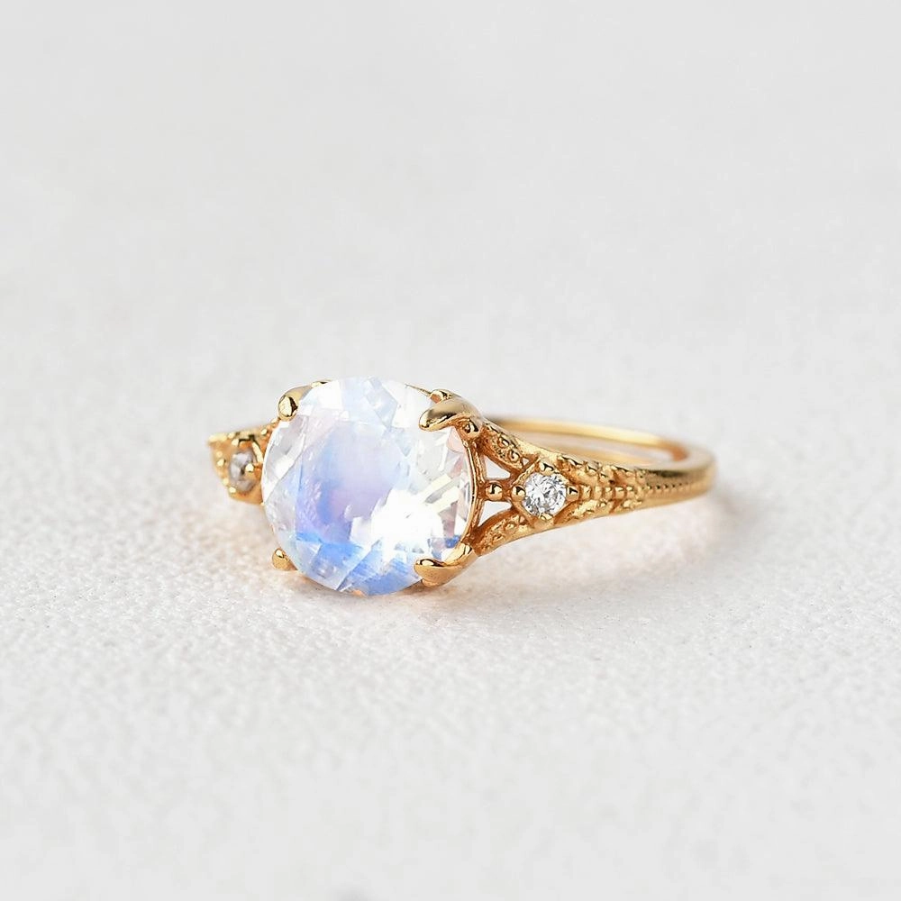 Rose Cut Moonstone Vintage Inspired Yellow Gold Ring Shiny Expression Glam Appeal
