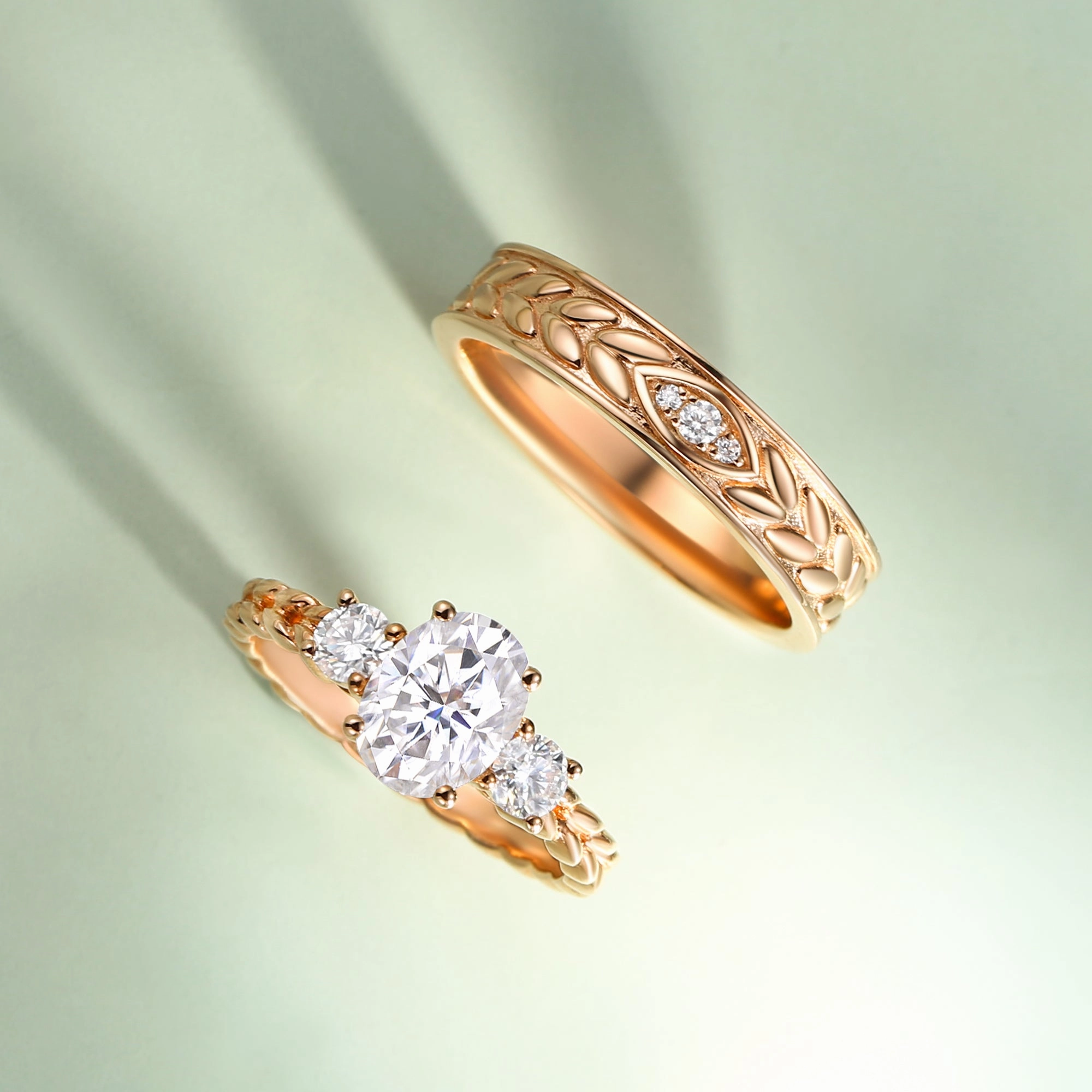 Leafy Engraved Moissanite Couple Ring Set 2pcs - Lumina Shining Accent Monogram Initial