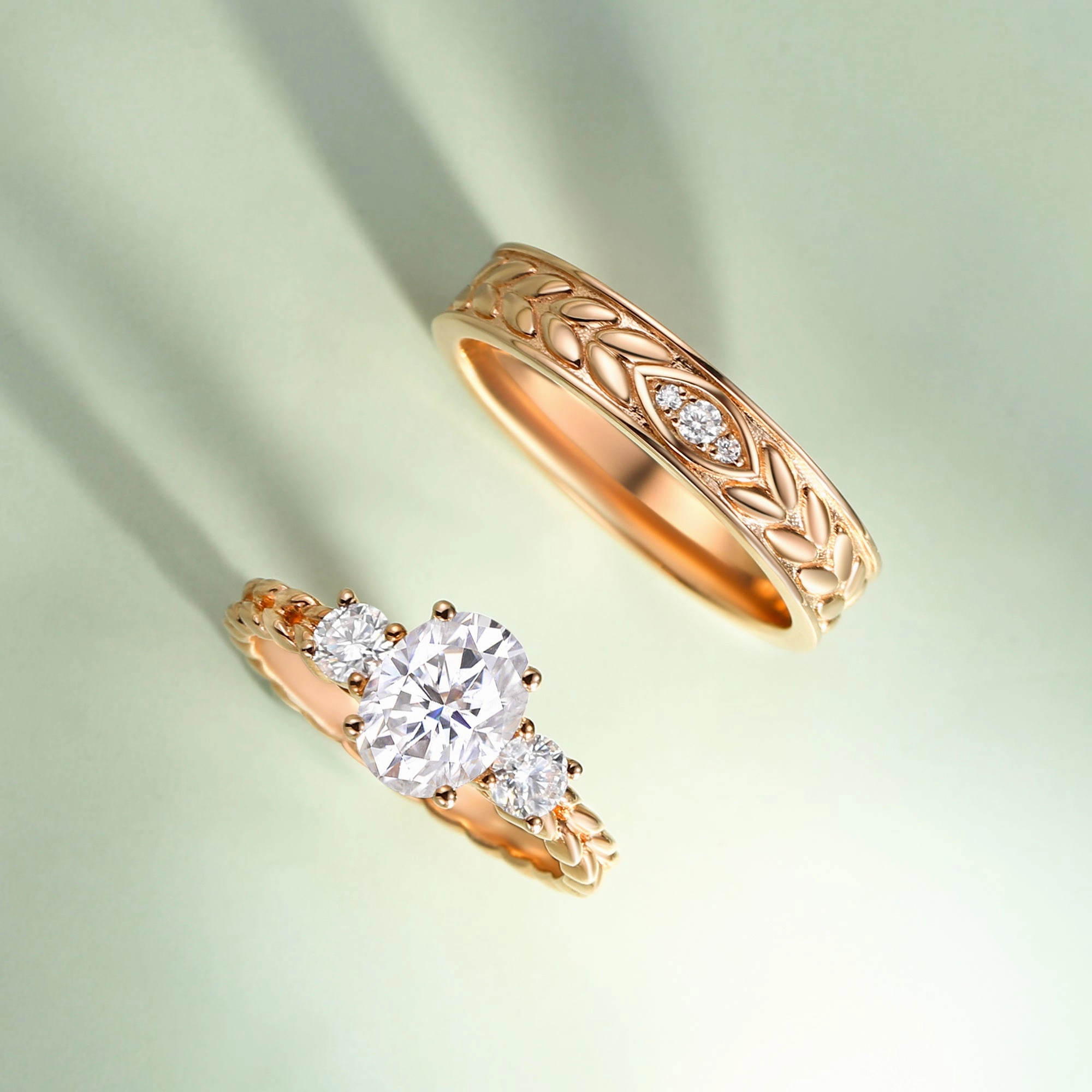 Leafy Engraved Moissanite Couple Ring Set 2pcs - Lumina Luxurious Style