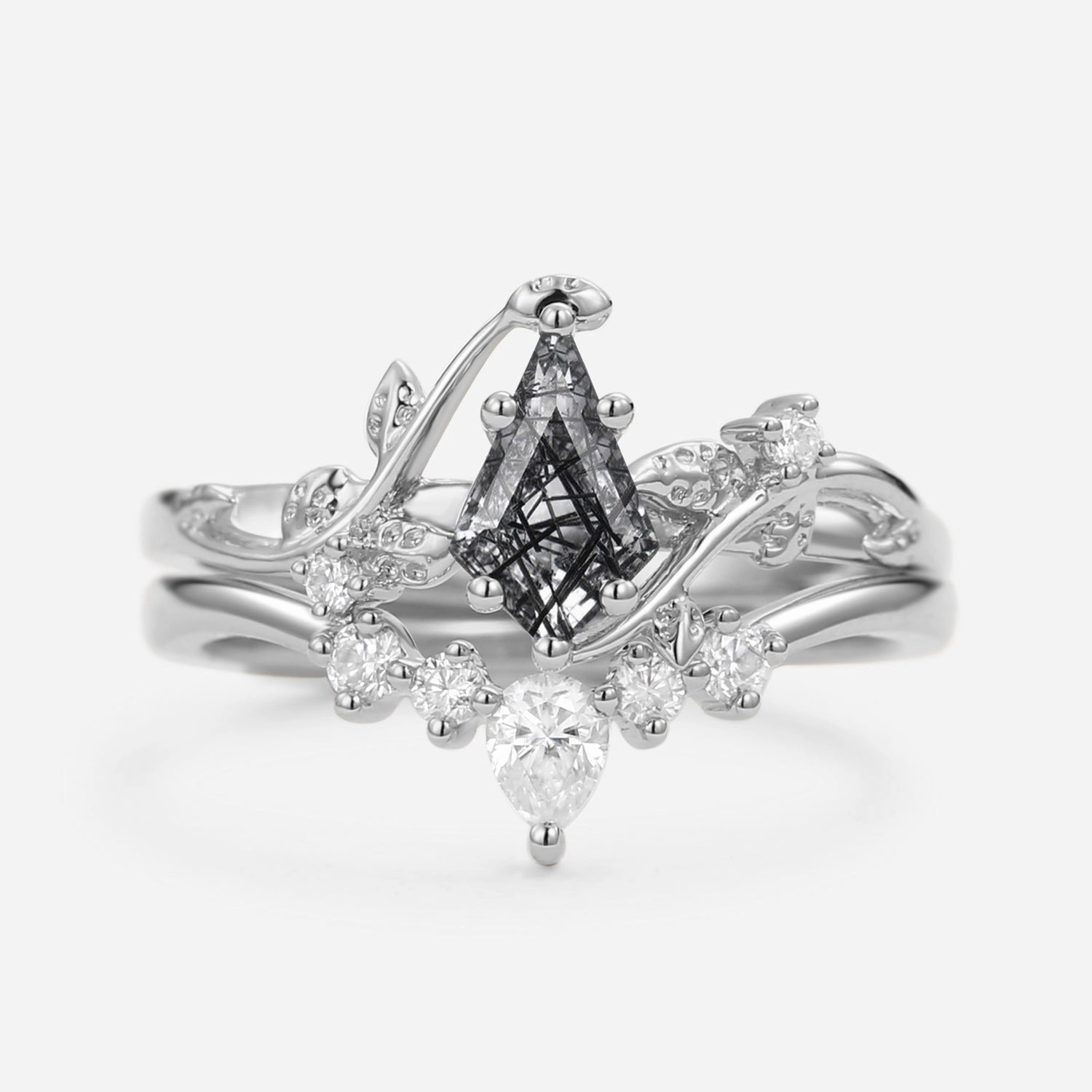 Nature Inspired - Kite Cut Black Rutilated Quartz Bridal Ring Set 2pcs - Willow Iconic Gift