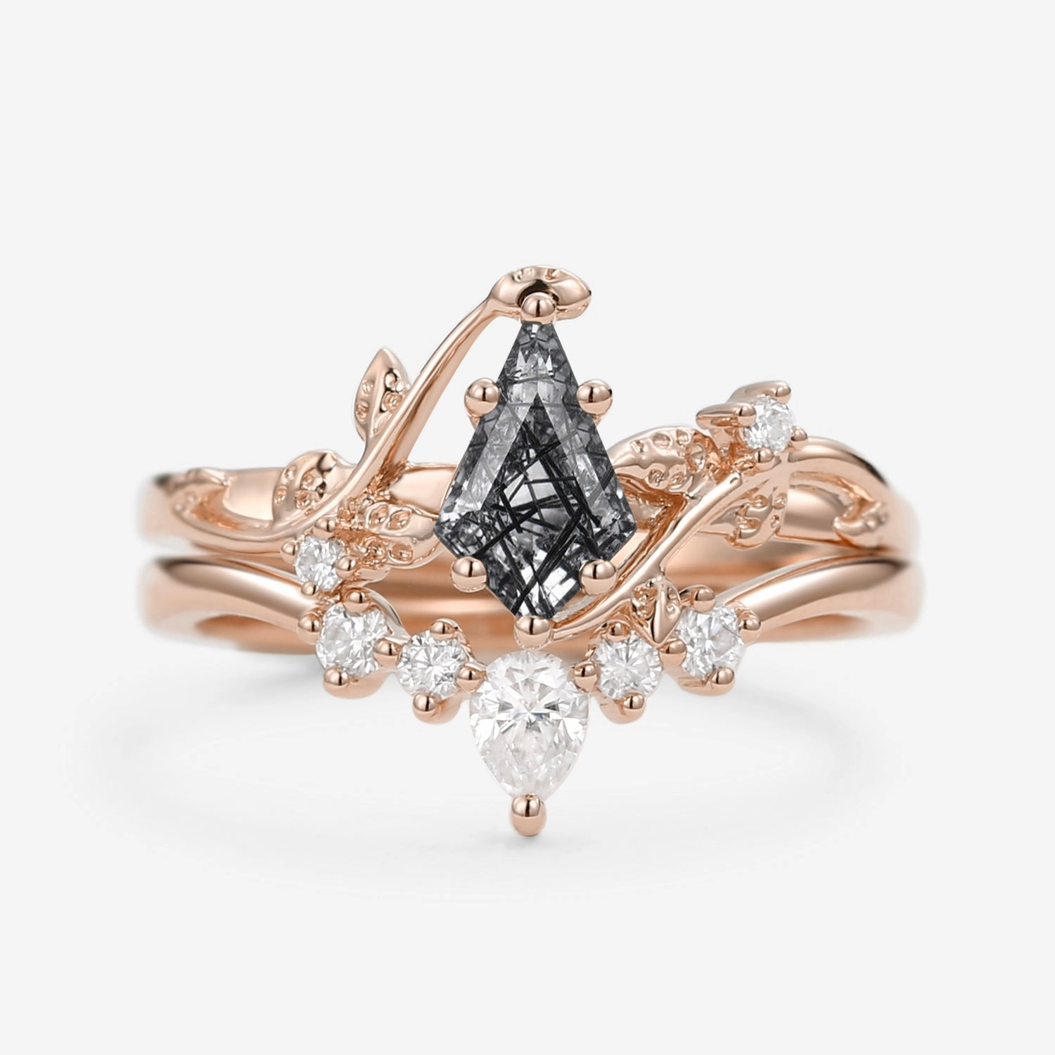 Nature Inspired - Kite Cut Black Rutilated Quartz Bridal Ring Set 2pcs - Willow Beautiful Expression