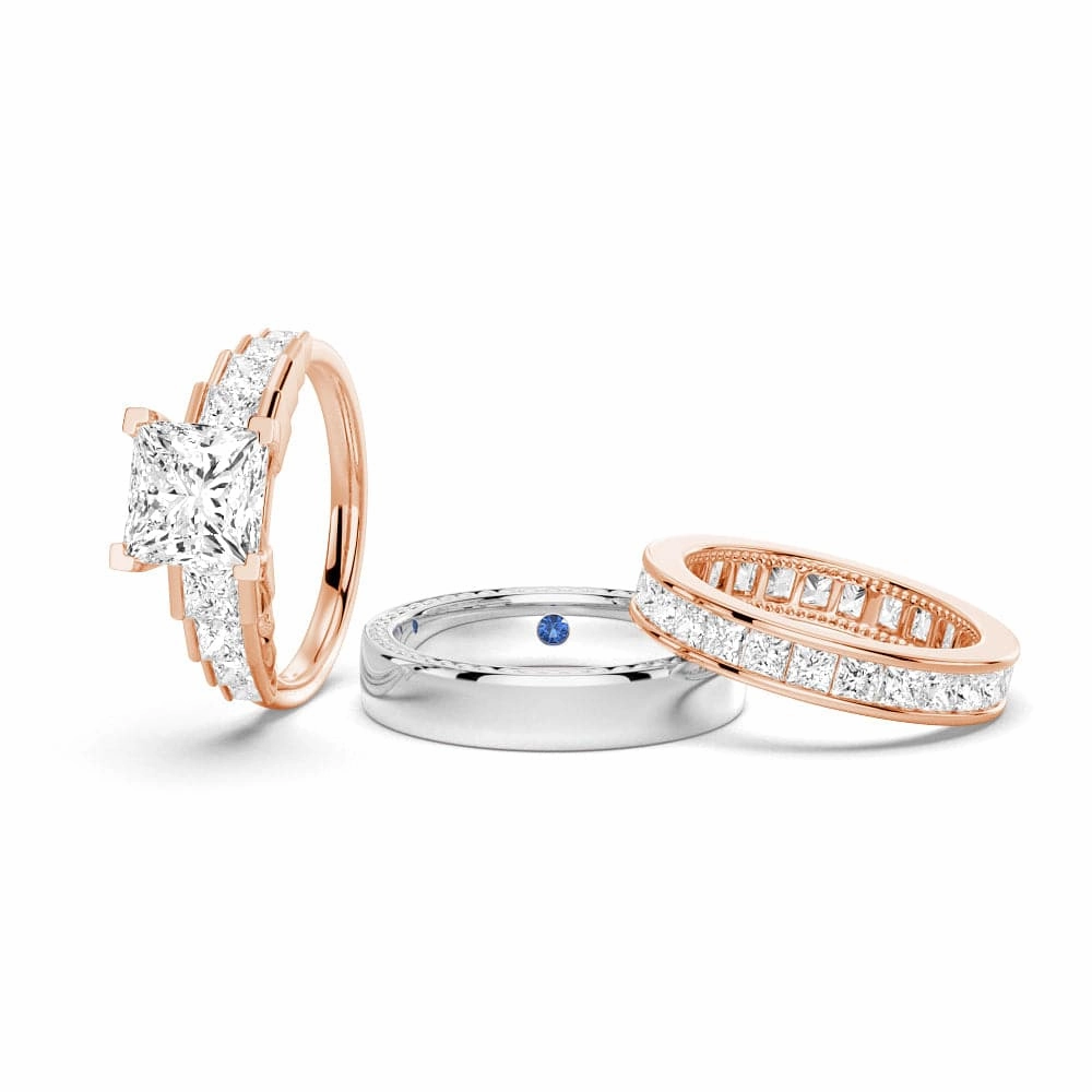 Unique Cinderella Staircase Princess Cut Moissanite Couple's Ring Set with Men's Wedding Band Fashion Mood