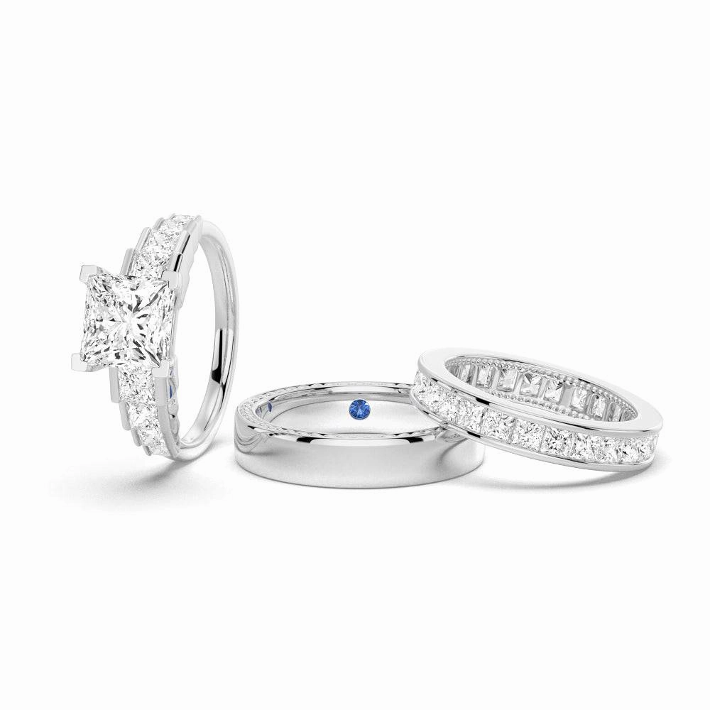 Unique Cinderella Staircase Princess Cut Moissanite Couple's Ring Set with Men's Wedding Band Luxury Finish