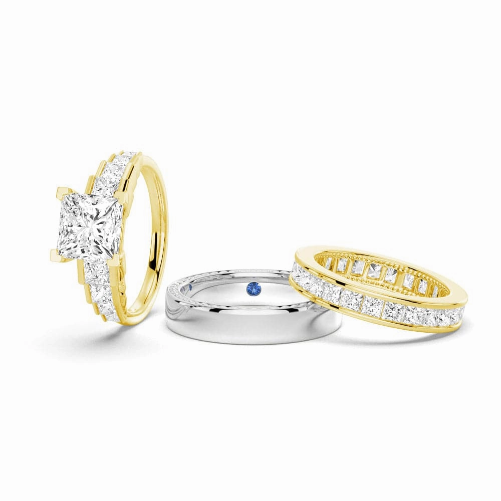 Color Match Festive Touch Unique Cinderella Staircase Princess Cut Moissanite Couple's Ring Set with Men's Wedding Band