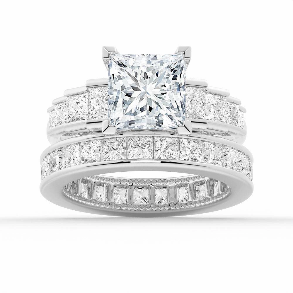 Unique Cinderella Staircase Princess Cut Moissanite Ring Set with Matching Wedding Band Everyday Luxury