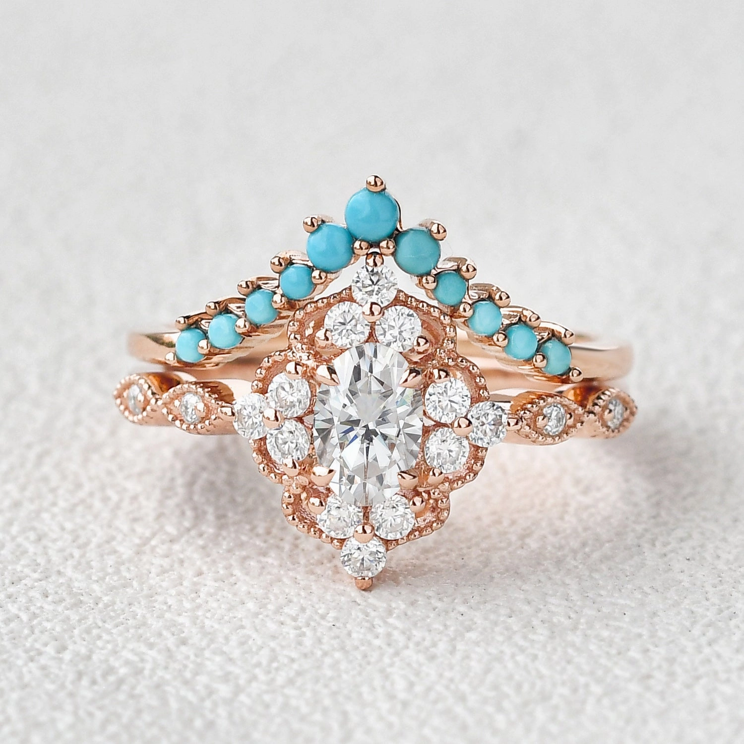 1.0ct Bohemian Moissanite Vintage Halo Ring Set 2pcs unique touch