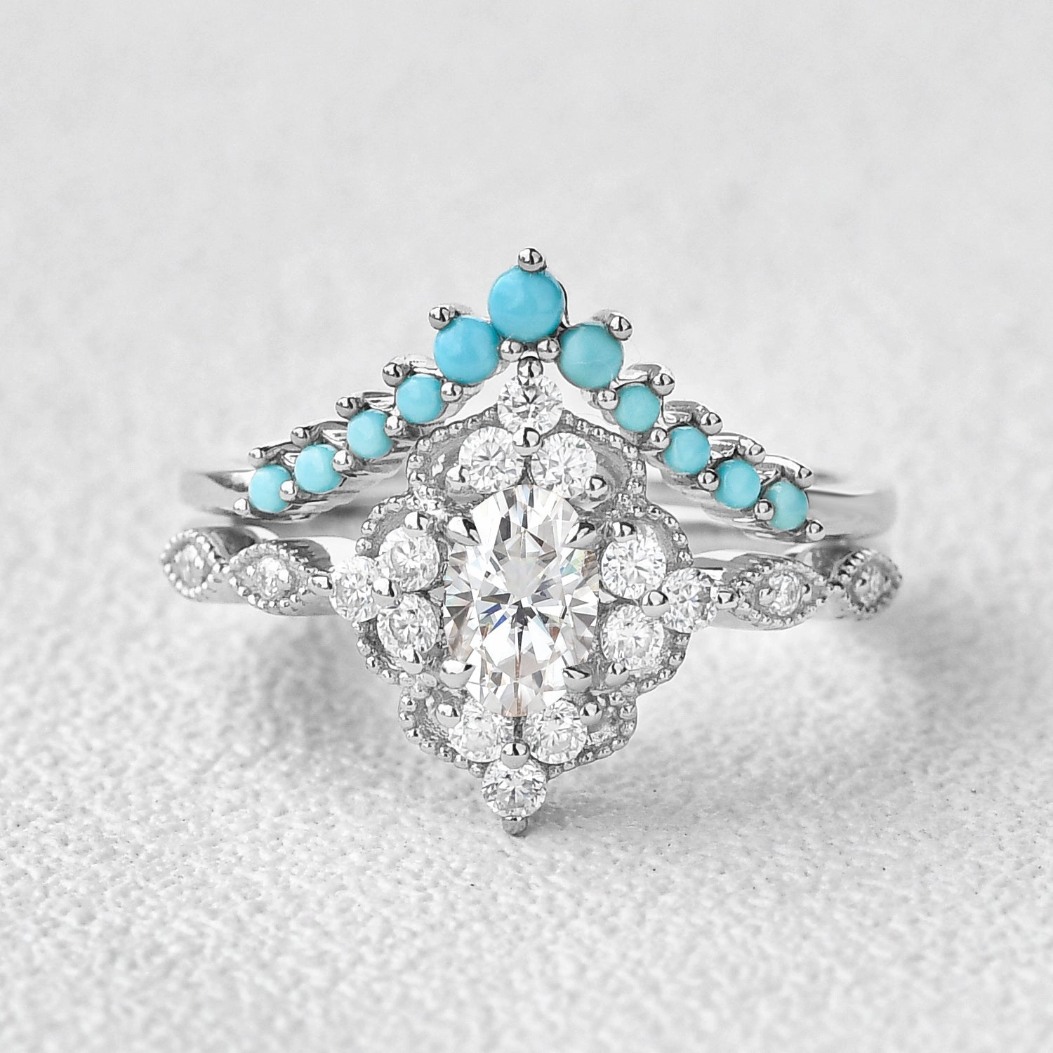 1.0ct Bohemian Moissanite Vintage Halo Ring Set 2pcs Formal Accessory