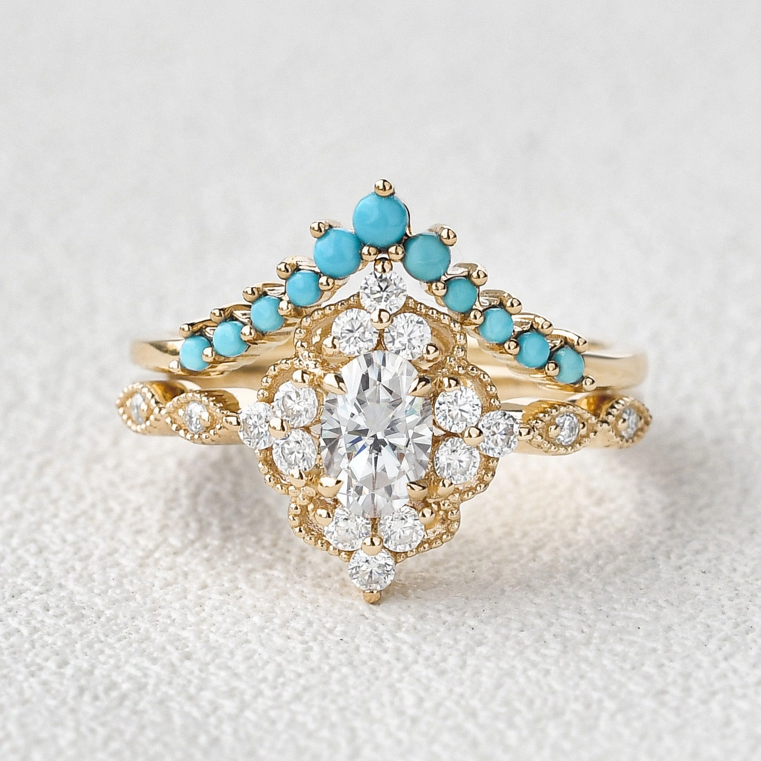 1.0ct Bohemian Moissanite Vintage Halo Ring Set 2pcs City Fashion Beautiful Object