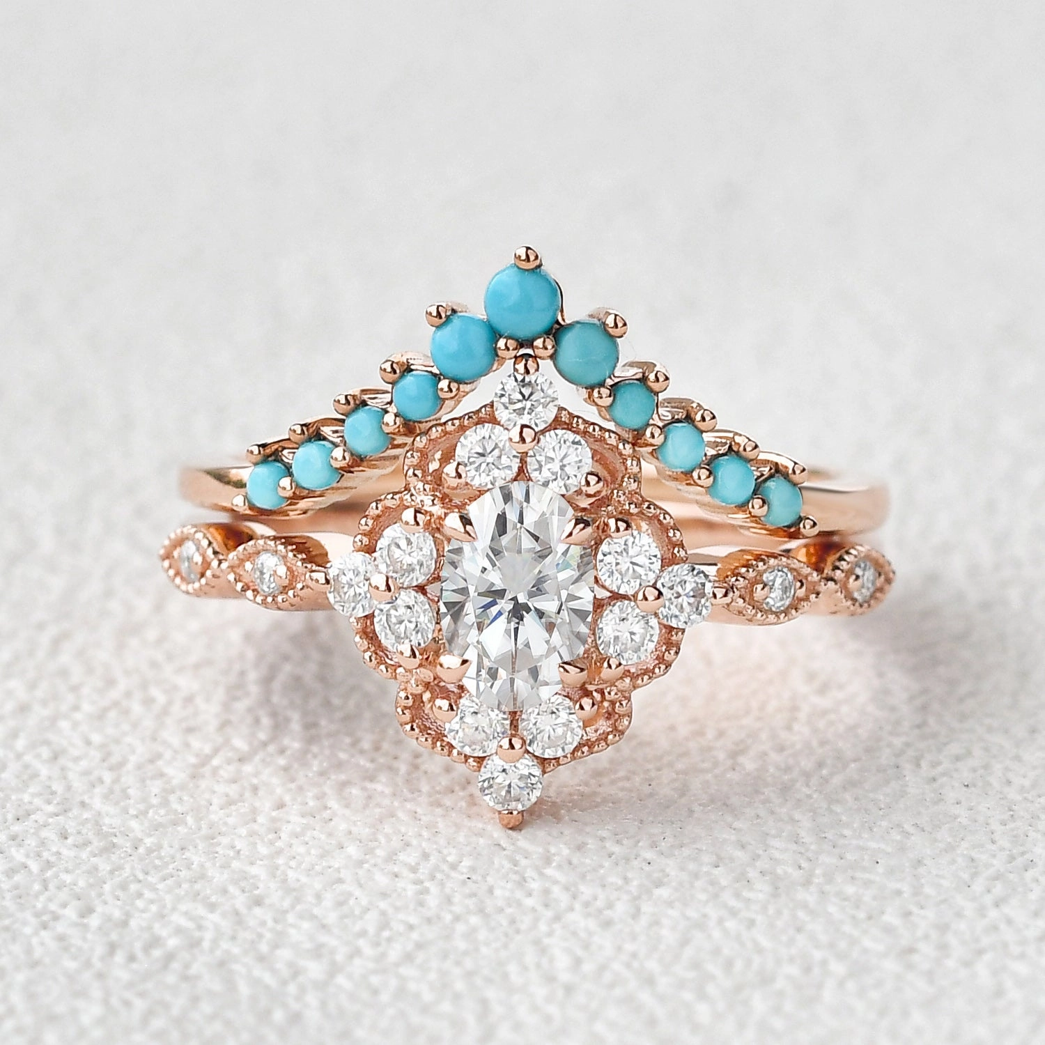 1.0ct Bohemian Moissanite Vintage Halo Ring Set 2pcs Fresh Detail Beautiful Adornment