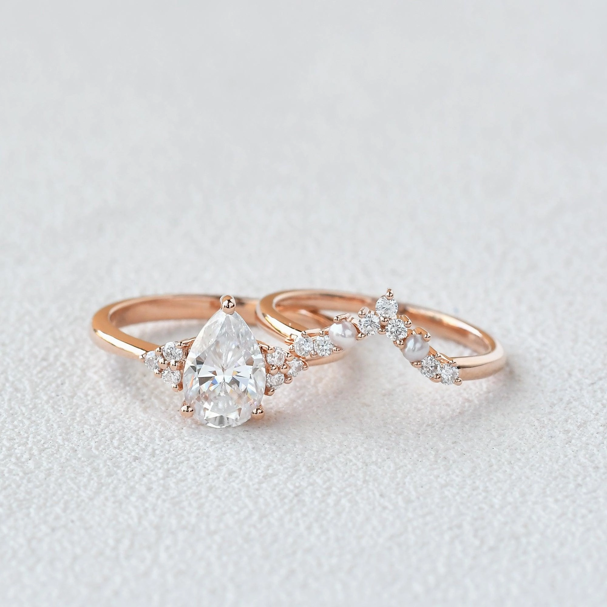 Felicegals Pear Shaped Moissanite Vintage Ring Set 2pcs Artisan Texture