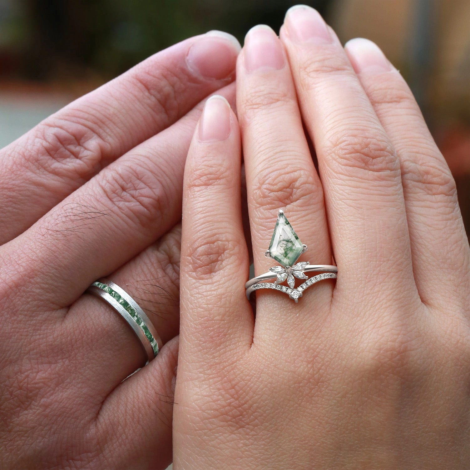 Radiant Sparkle Unique Floral Moss Agate Kite Cut Couple Ring Set 3pcs