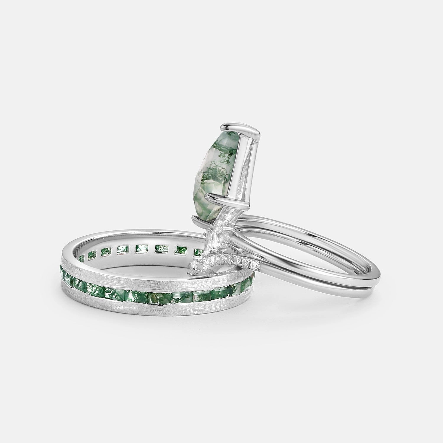 Custom Bauble Shiny Style Unique Floral Moss Agate Kite Cut Couple Ring Set 3pcs