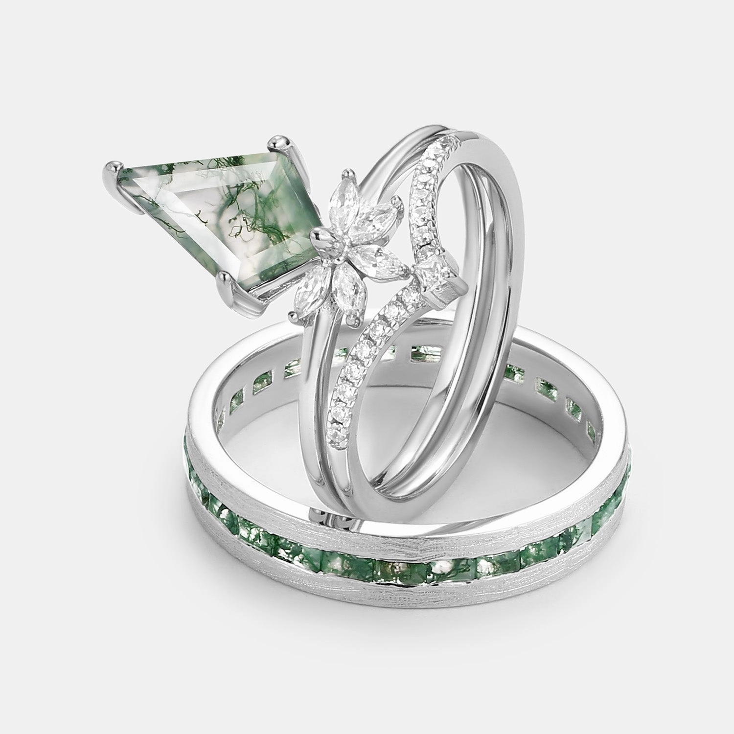 Unique Floral Moss Agate Kite Cut Couple Ring Set 3pcs Artistic Work