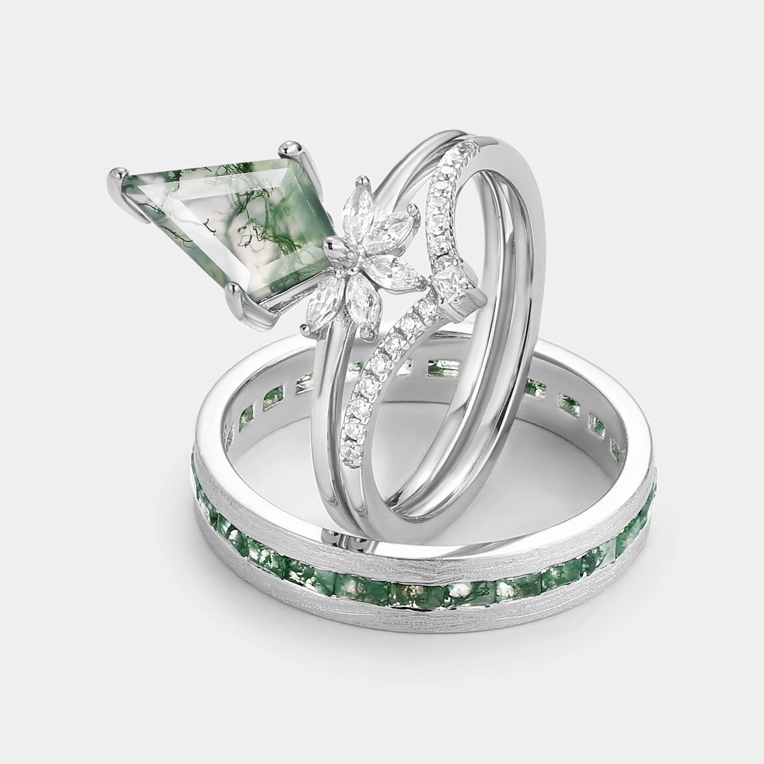DIY project Unique Floral Moss Agate Kite Cut Couple Ring Set 3pcs