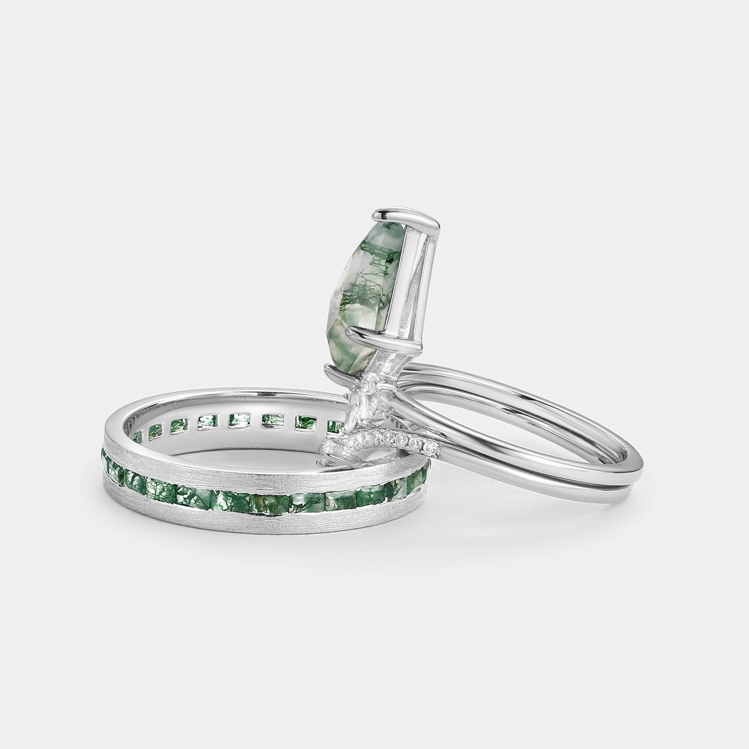 Unique Floral Moss Agate Kite Cut Couple Ring Set 3pcs Warranty Included International Standard