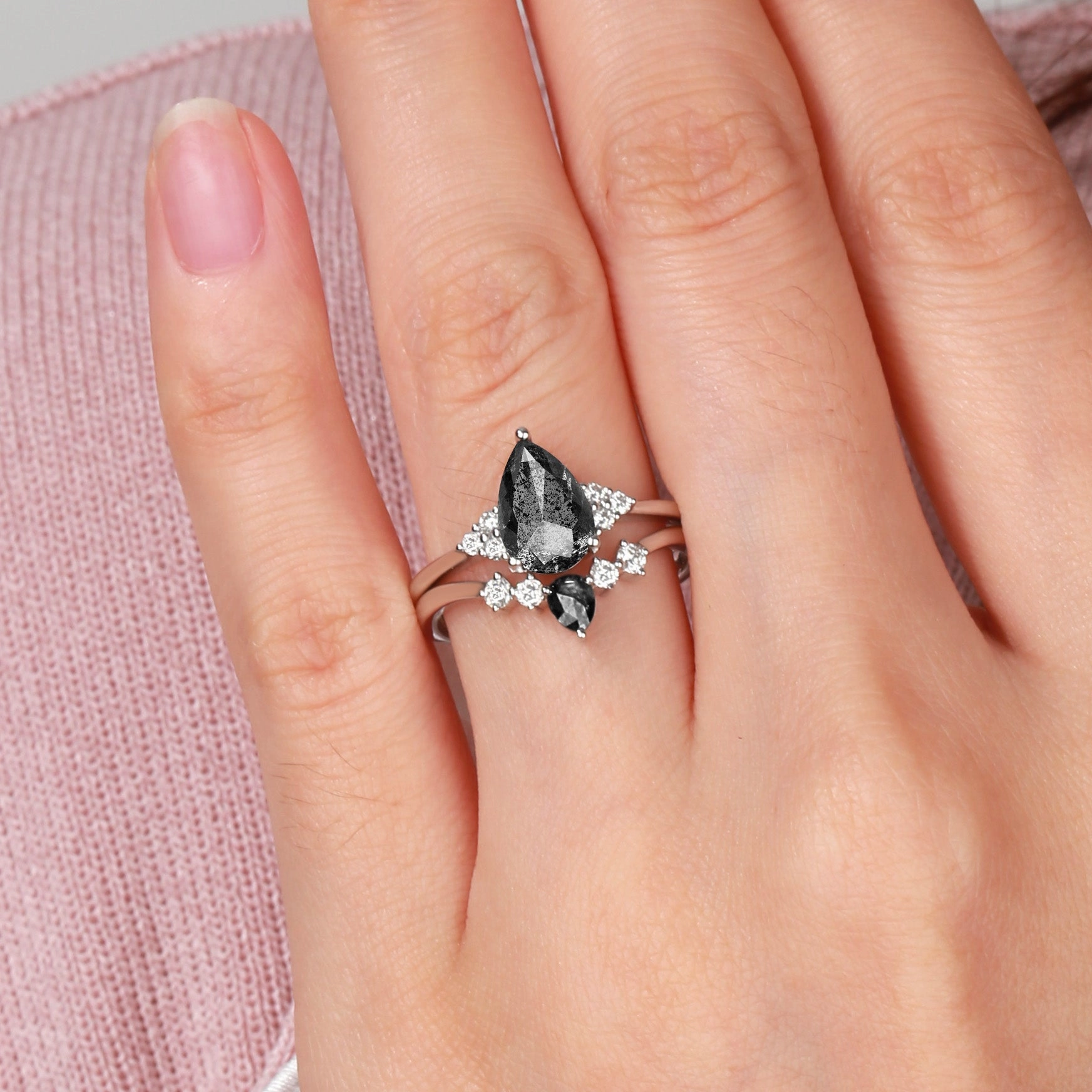 Twinning Pear Cut Salt and Pepper Diamonds Engagement Ring Sets 2pcs Matte Look Minimal Accent