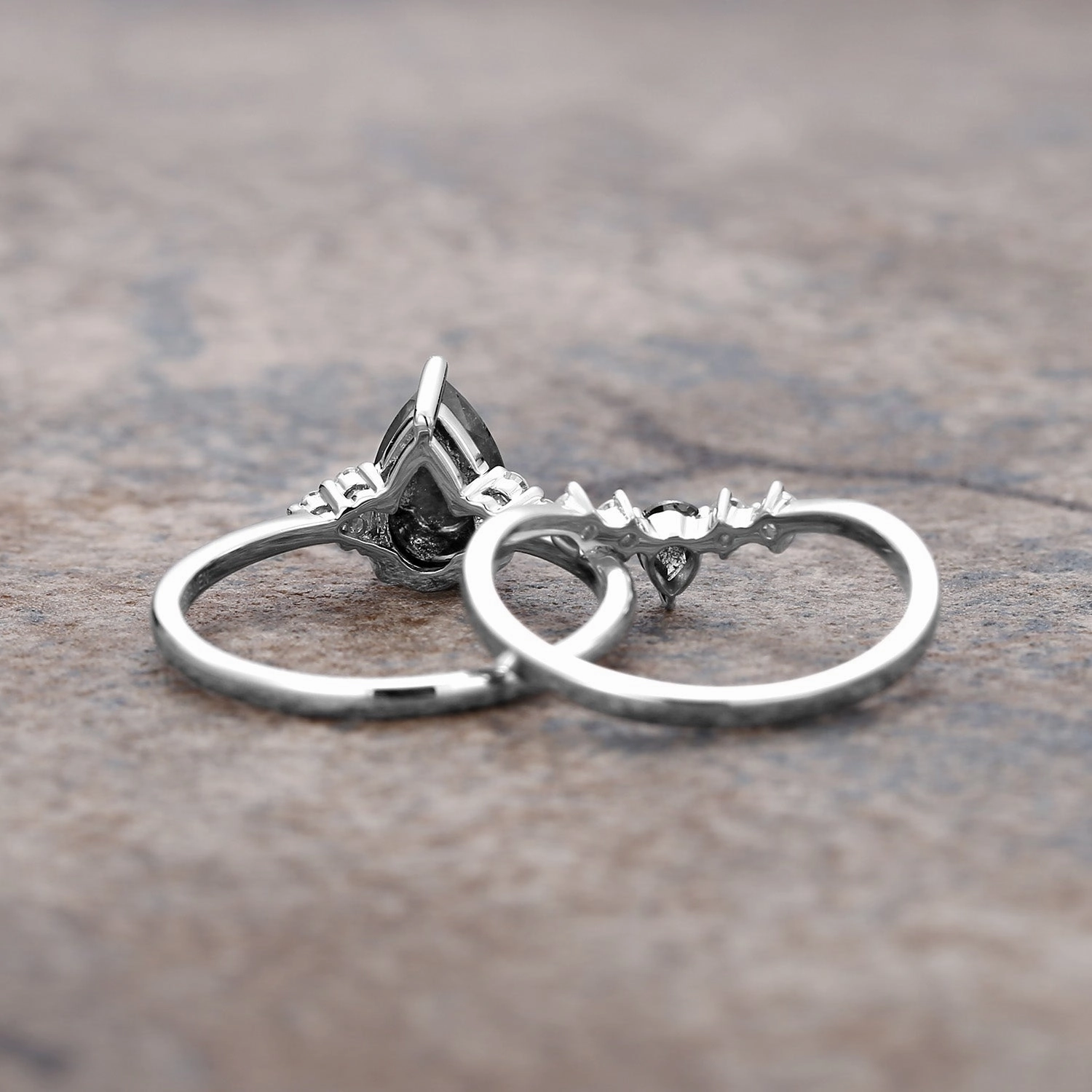 Twinning Pear Cut Salt and Pepper Diamonds Engagement Ring Sets 2pcs Radiant Moment