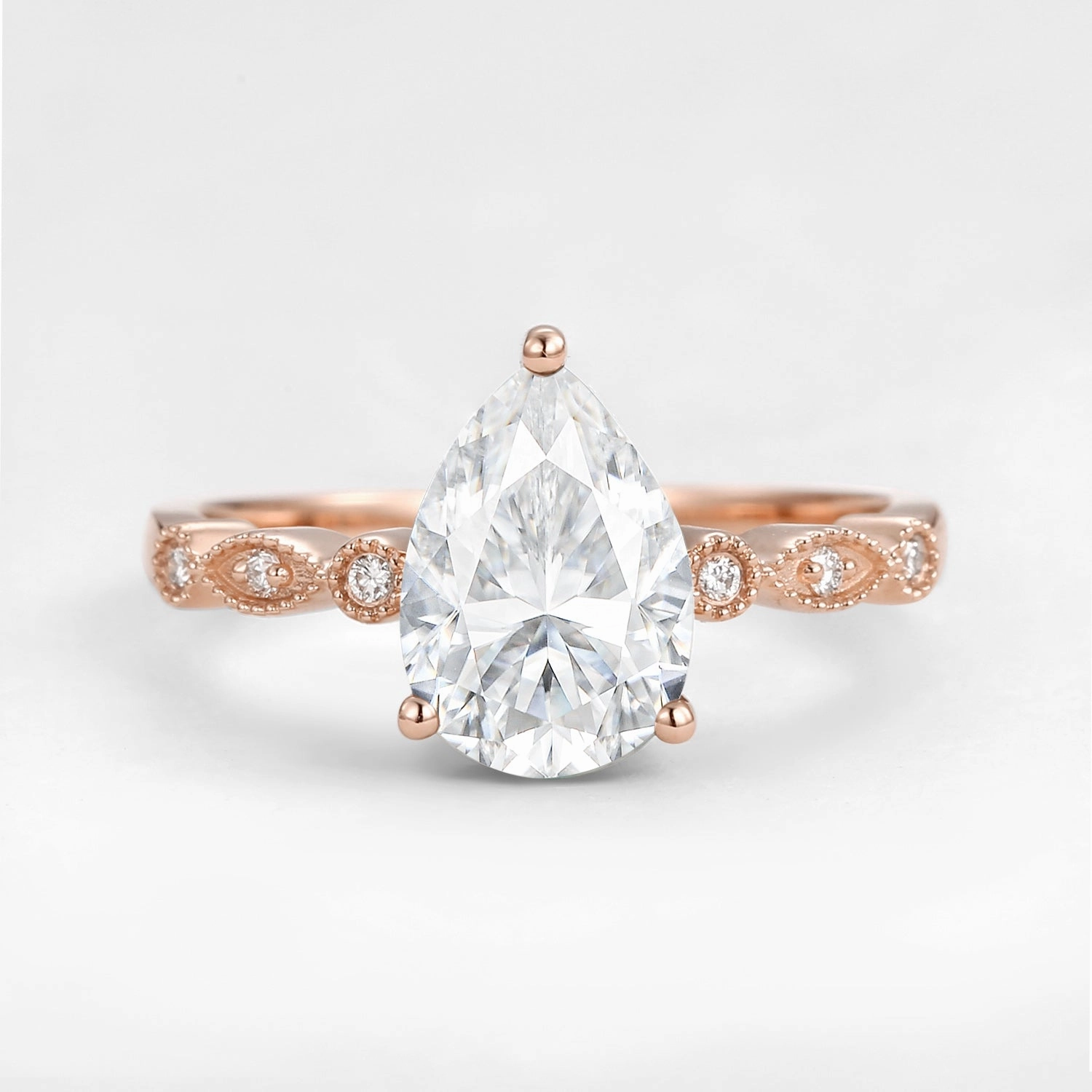 Unique Inspired Pear Shaped Moissanite Engagement Ring Bright Finish