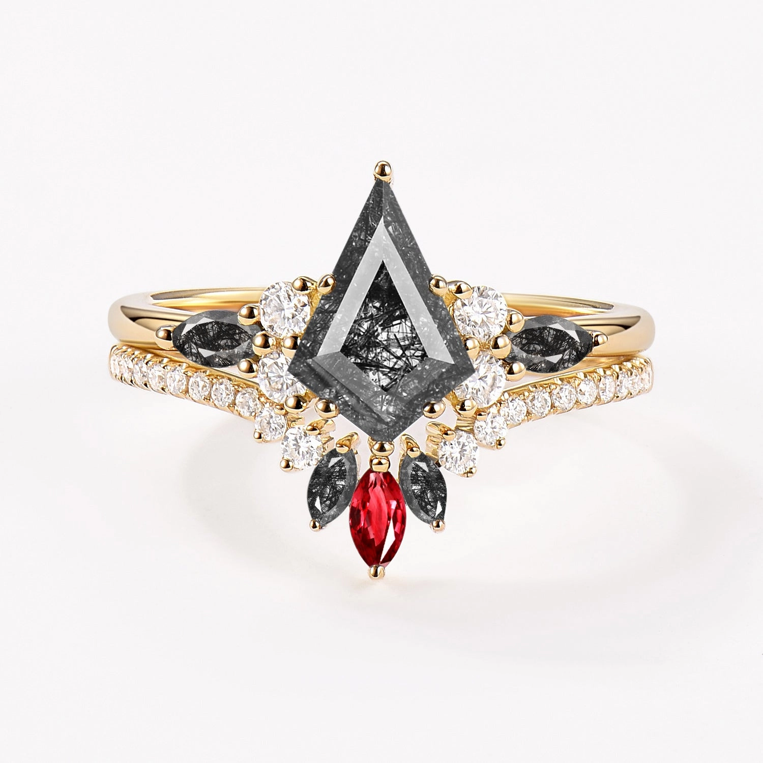 Casual Chic Daily Comfort Unique Kite Black Rutilated Quartz Classic Engagement Ring Set 2pcs - Rebecca