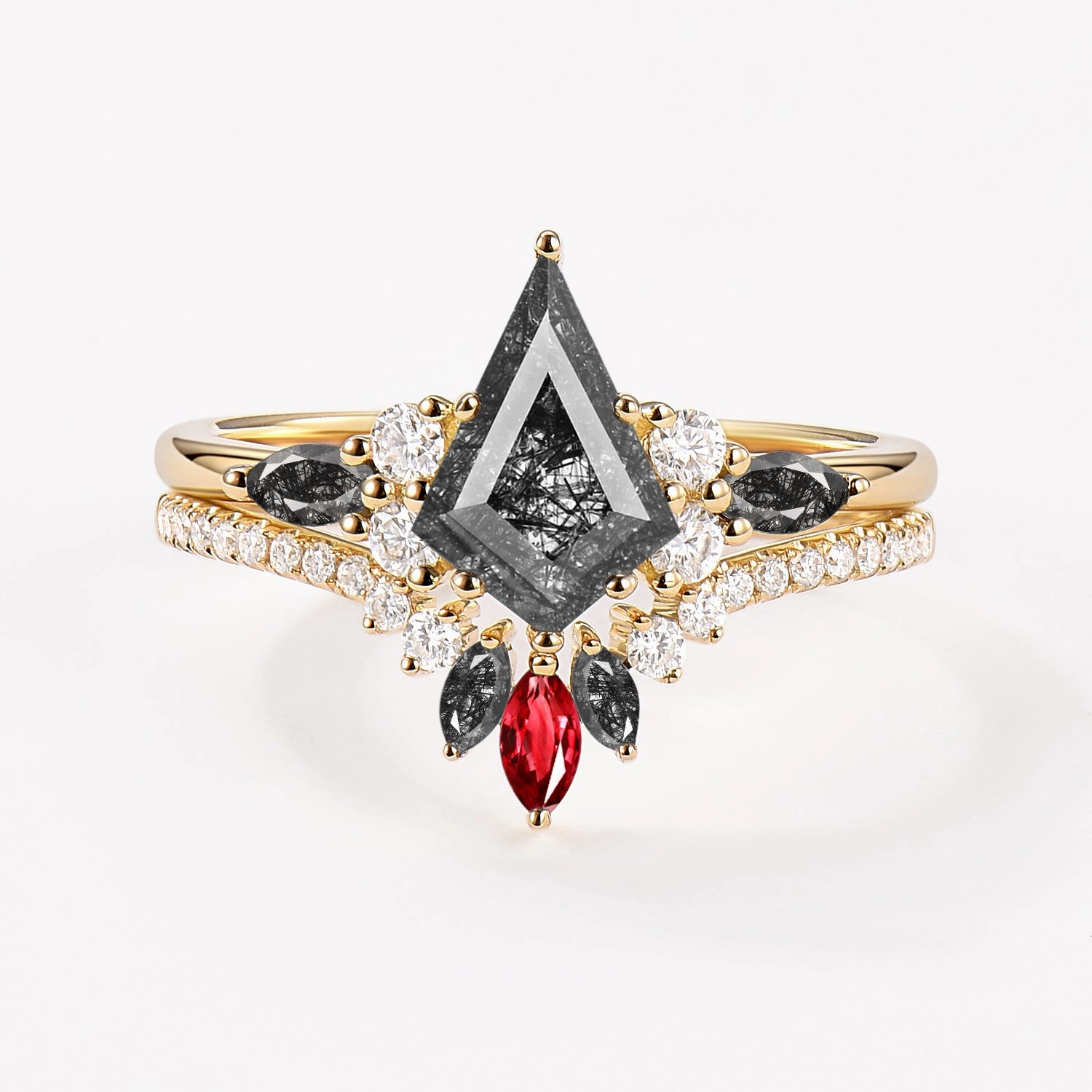 Unique Kite Black Rutilated Quartz Classic Engagement Ring Set 2pcs - Rebecca Elegant Object