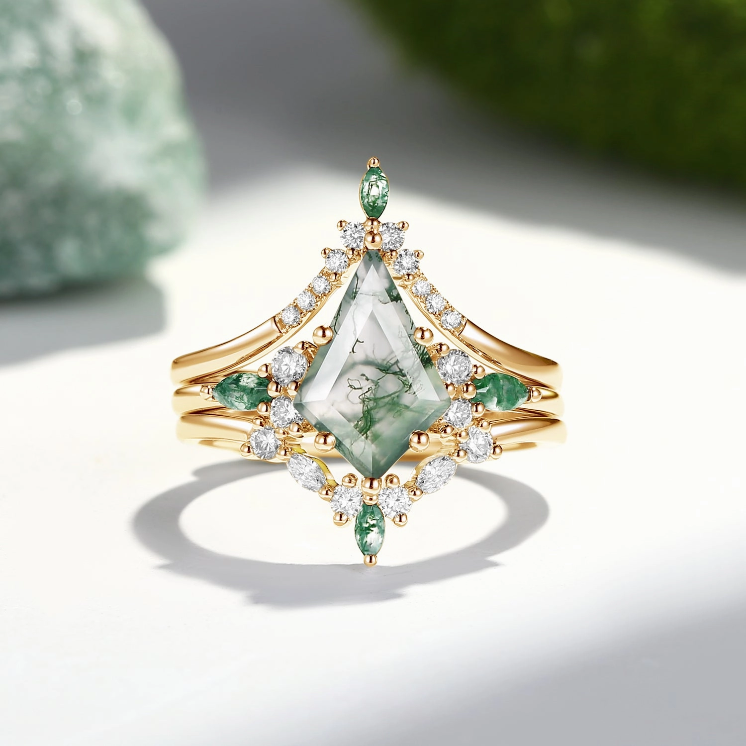 Unique Kite Cut Green Moss Agate Chevron Engagement Ring Set 3pcs - Tessa Personalized Craft
