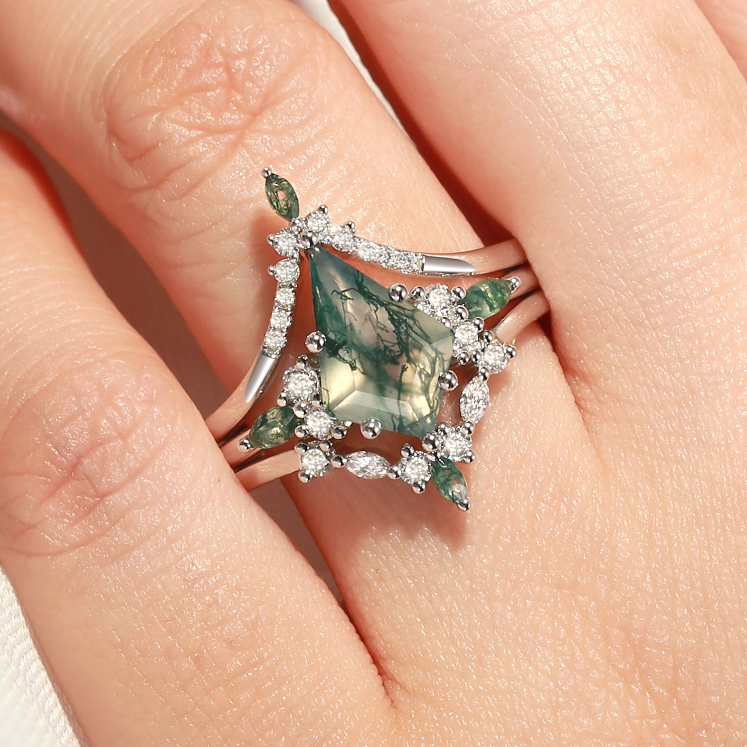 Unique Kite Cut Green Moss Agate Chevron Engagement Ring Set 3pcs - Tessa Effortless Touch Charming Accent