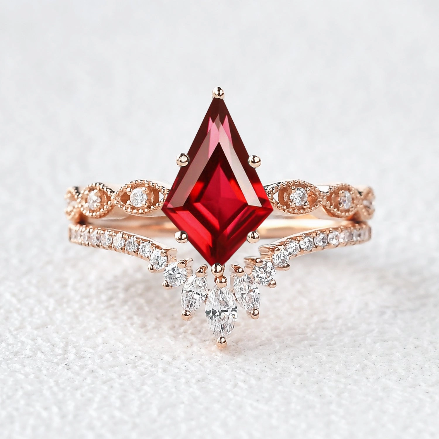 Unique Kite Cut Lab Ruby Engagement Ring Set 2pcs Elegant Attire