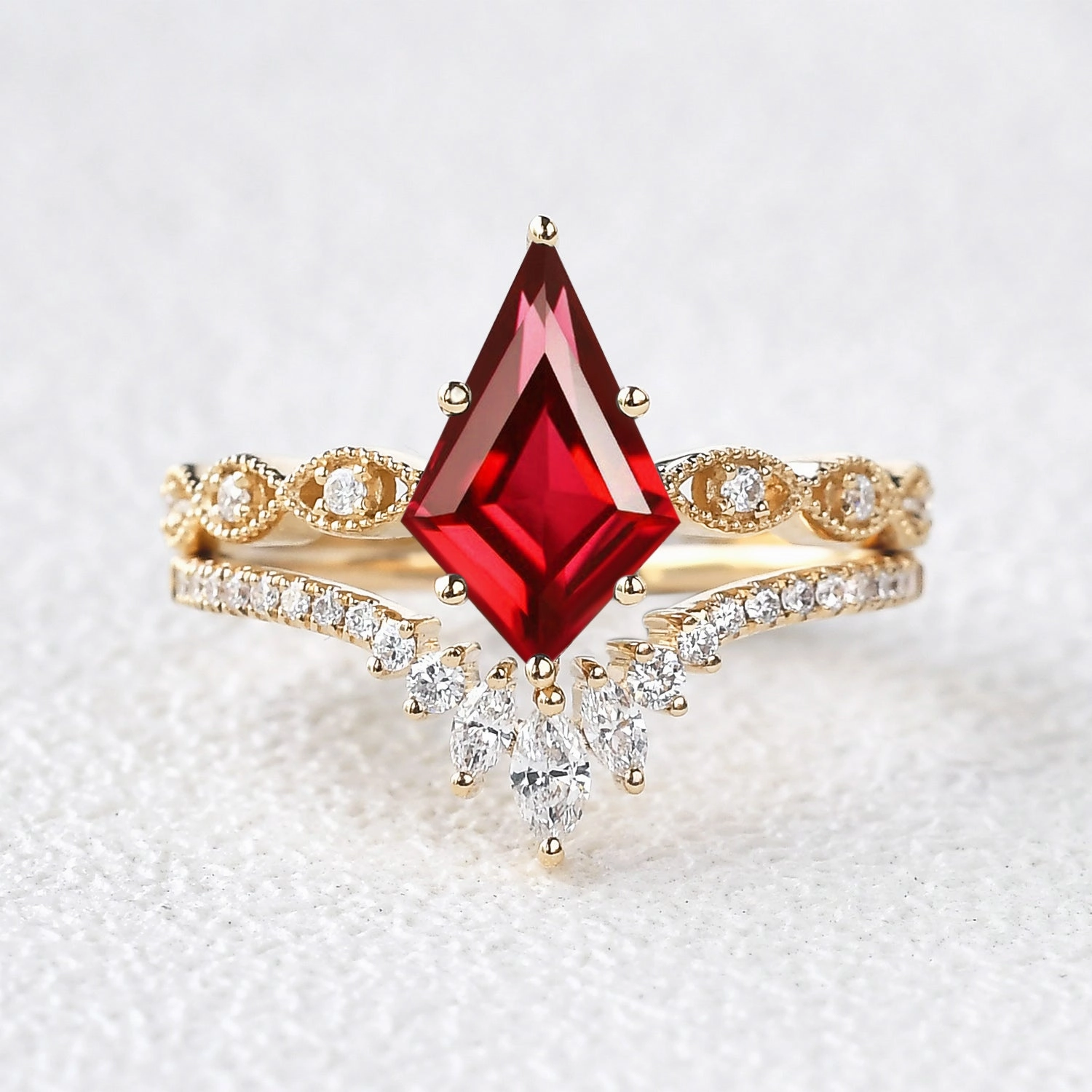 Unique Kite Cut Lab Ruby Engagement Ring Set 2pcs Custom Measurement