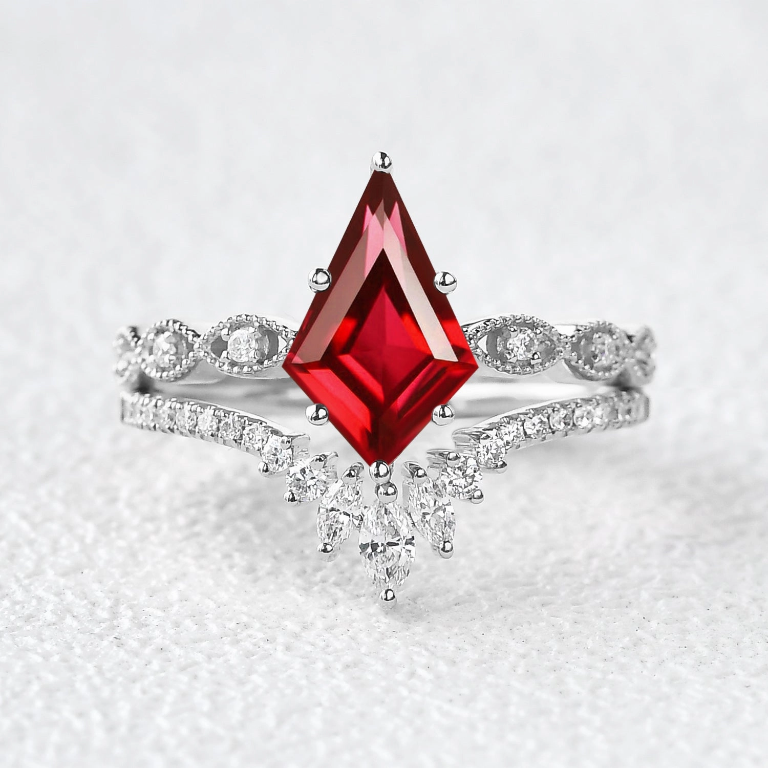 Resilient Look Unique Kite Cut Lab Ruby Engagement Ring Set 2pcs