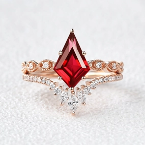 Unique Kite Cut Lab Ruby Engagement Ring Set 2pcs Elegant Attire