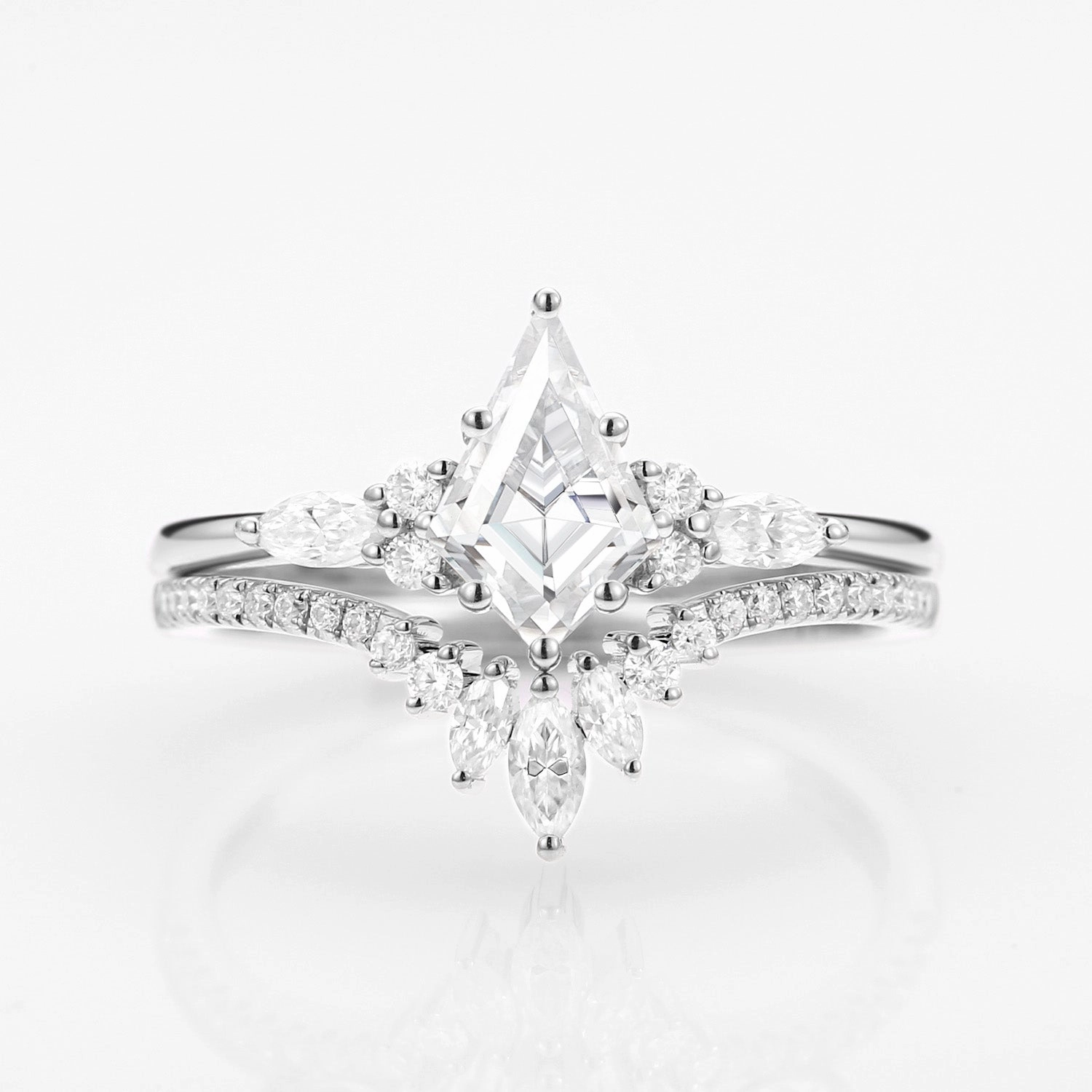 Unique Kite Cut Moissanite Classic Engagement Ring Set 2pcs - Rebecca Ornate Sign Easy Clean