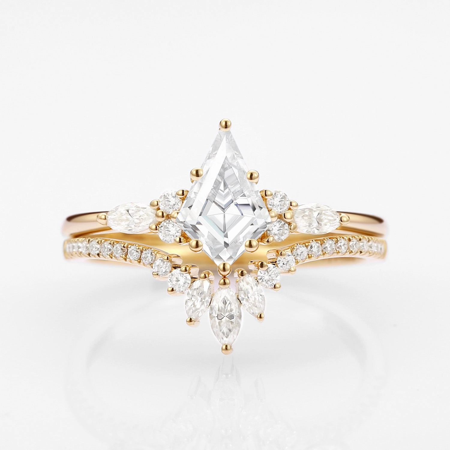Unique Kite Cut Moissanite Classic Engagement Ring Set 2pcs - Rebecca Modern Bauble