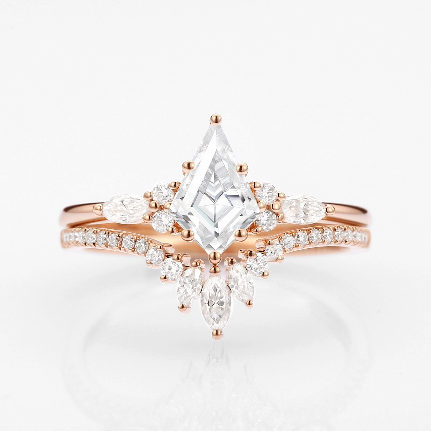 Quality Symbol Branded Art Unique Kite Cut Moissanite Classic Engagement Ring Set 2pcs - Rebecca