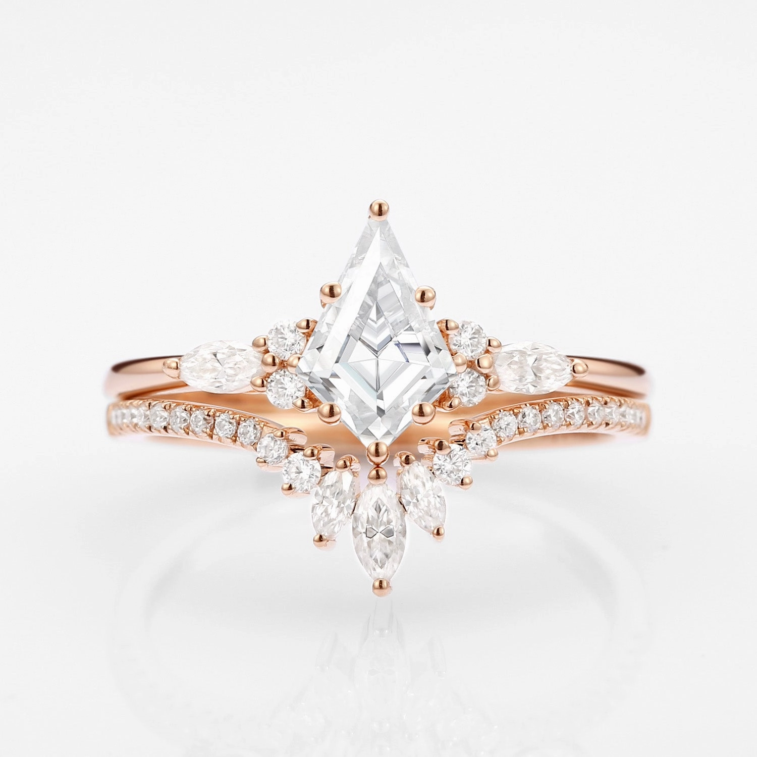 Unique Kite Cut Moissanite Classic Engagement Ring Set 2pcs - Rebecca Daily Wear