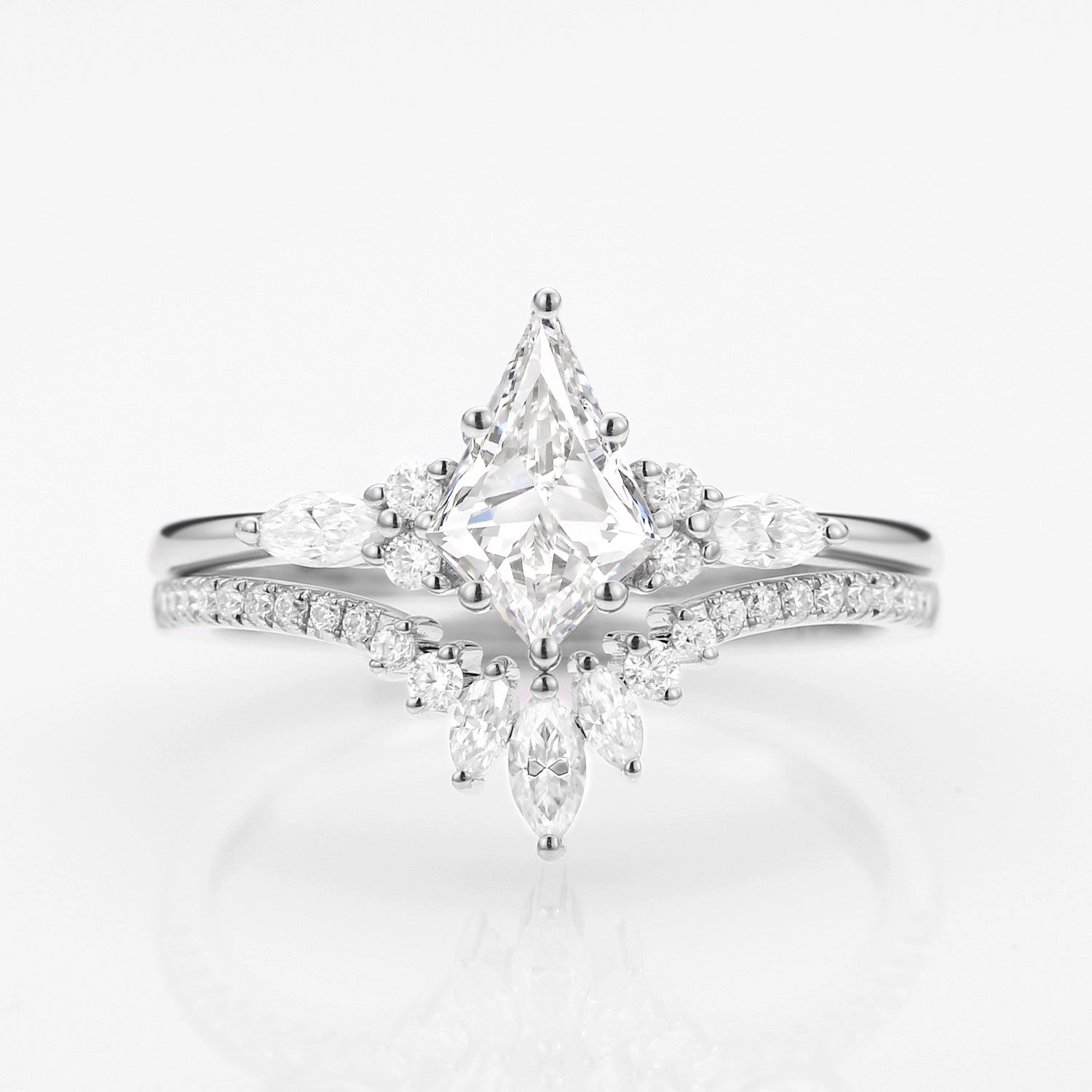 Unique Kite Cut Moissanite Classic Engagement Ring Set 2pcs - Rebecca Soft Glow Radiant Charm
