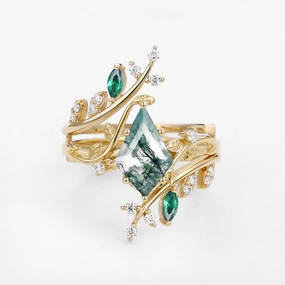 Unique Kite Cut Moss Agate & Emerald Cage Leafy Engagement Ring Sets 2pcs - Knight Subtle Look Radiant Gifts