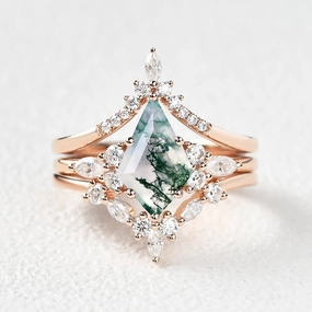 Unique Kite Cut Moss Agate Chevron Engagement Ring Set 3pcs - Kinsley Sophisticated Charm Boho Mood