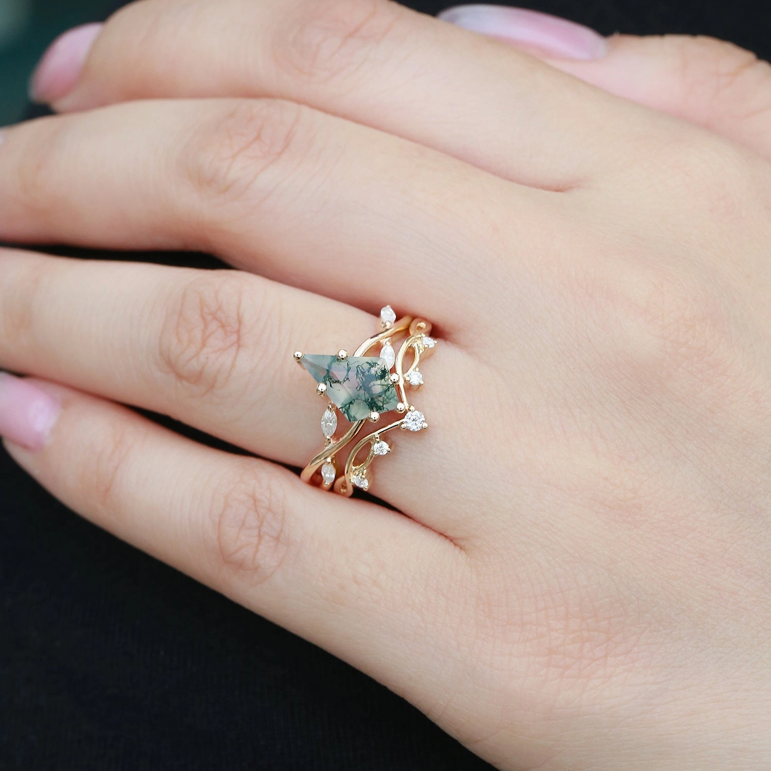 Vivid Finish Unique Kite Cut Moss Agate Infinity Engagement Ring Sets 2pcs