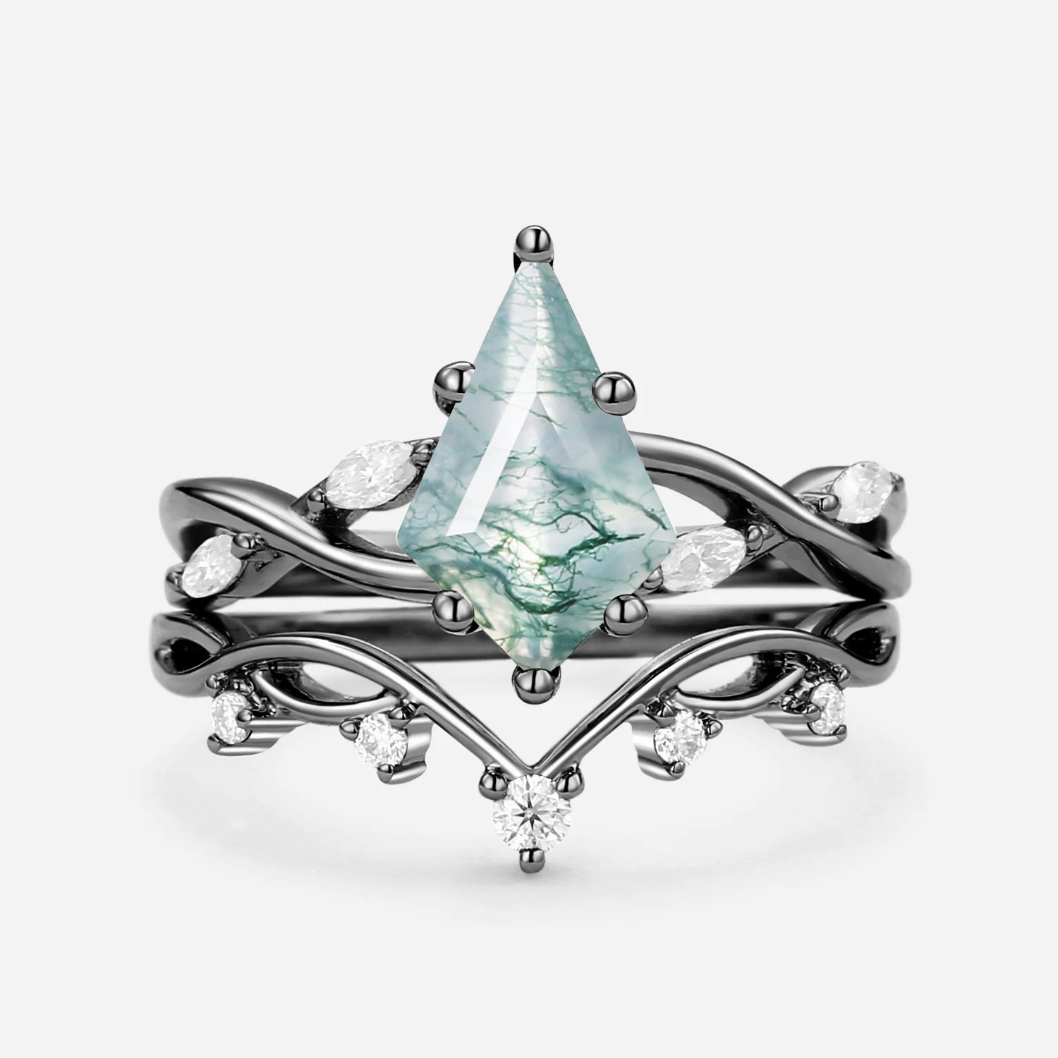 Modern Expression Rough texture Unique Kite Cut Moss Agate Infinity Engagement Ring Sets 2pcs