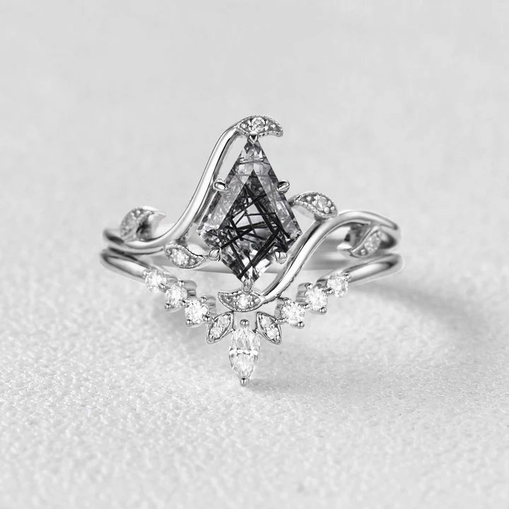 Lightweight Look Unique Kite Cut Moss Agate Leafy Engagement Ring Sets 2pcs - Ivy