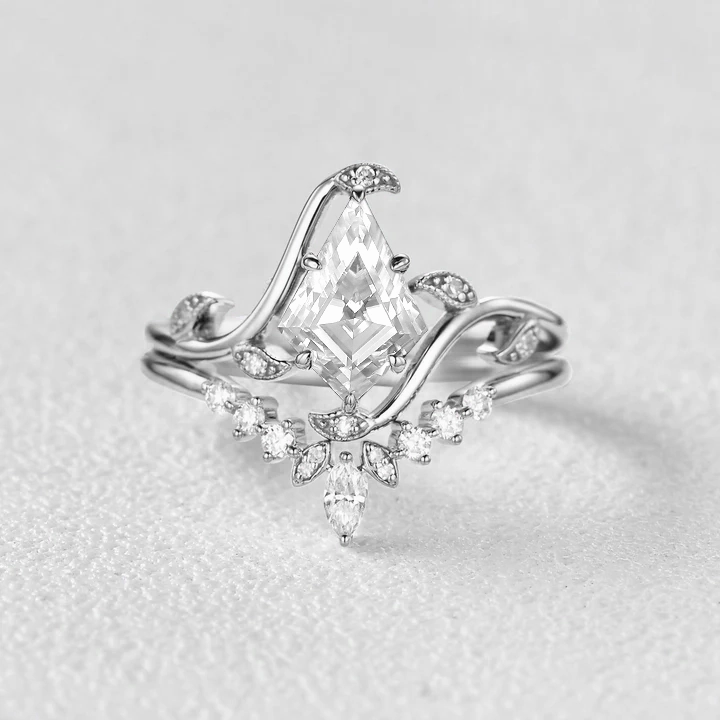 Unique Kite Cut Moss Agate Leafy Engagement Ring Sets 2pcs - Ivy Lightweight Embellishment Delicate Item