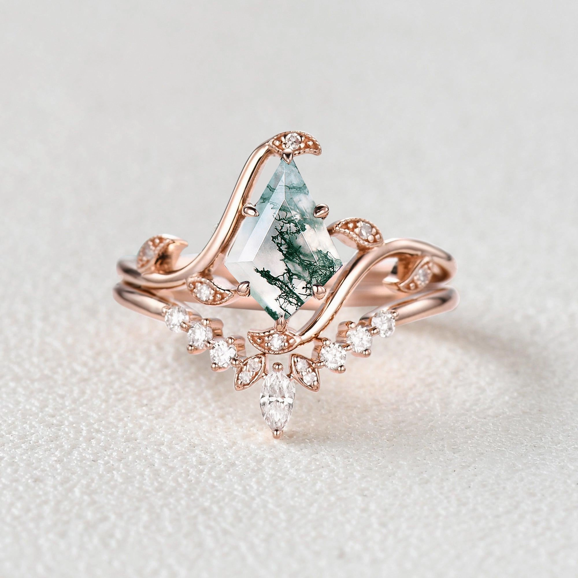 Cool Form Minimalist Piece Unique Kite Cut Moss Agate Leafy Engagement Ring Sets 2pcs - Ivy